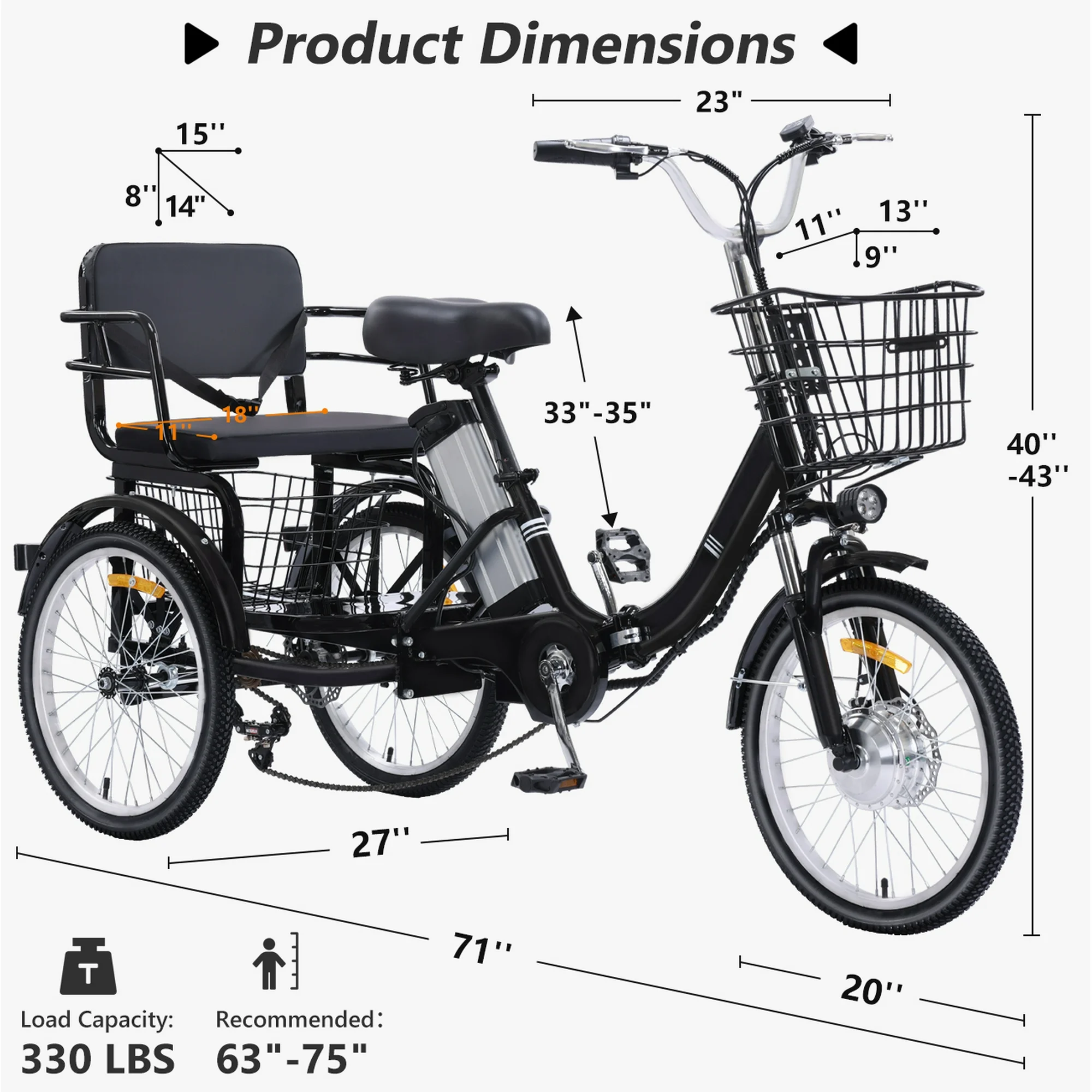YEBEI Foldable Adult Electric Tricycle 350W with Passenger Seat 20 Miles Capacity 330 lbs