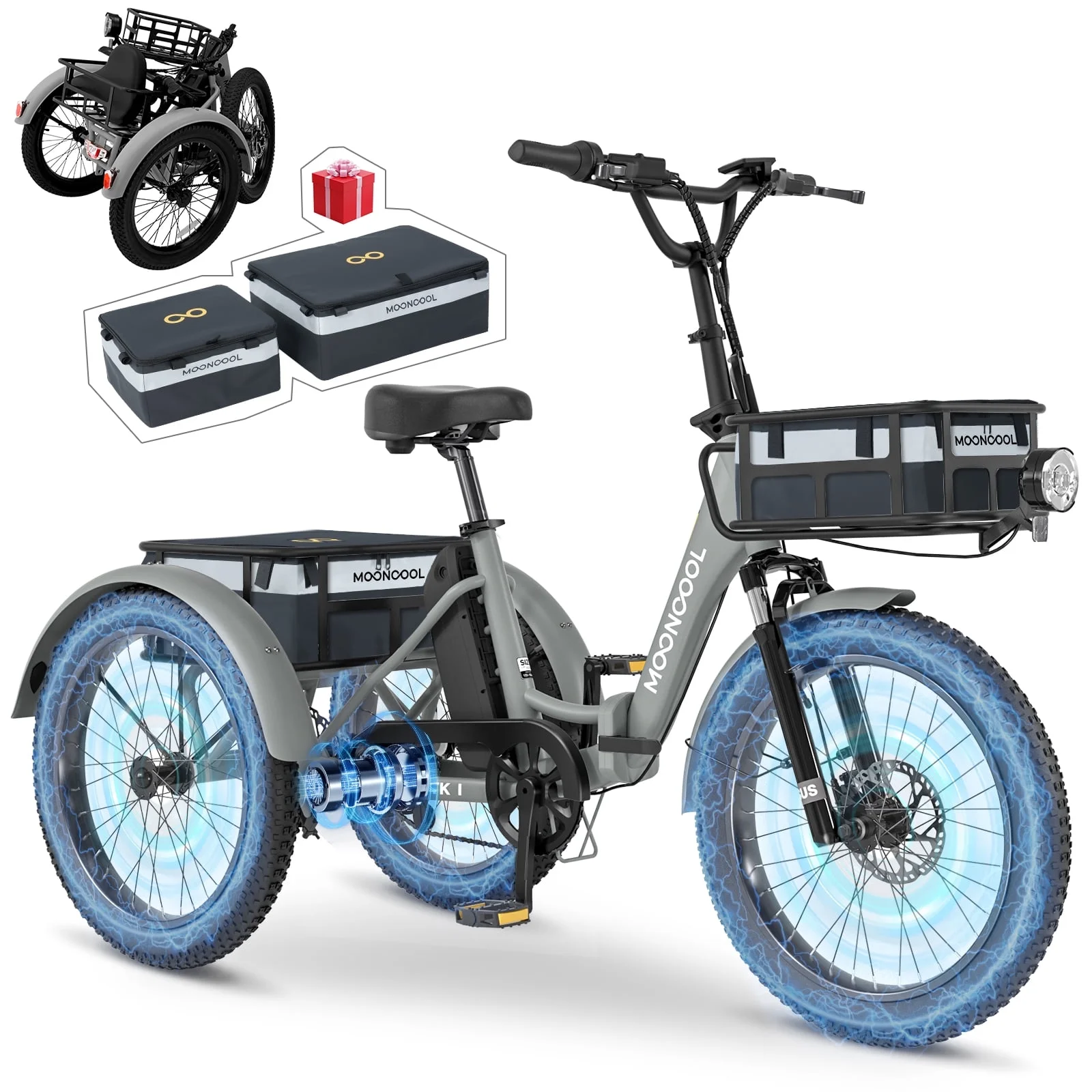 MOONCOOL TK1 Folding Electric Tricycle with Rack Bags , 750W Motor 48V Foldable Ebike Electric Trike for Adults, 20