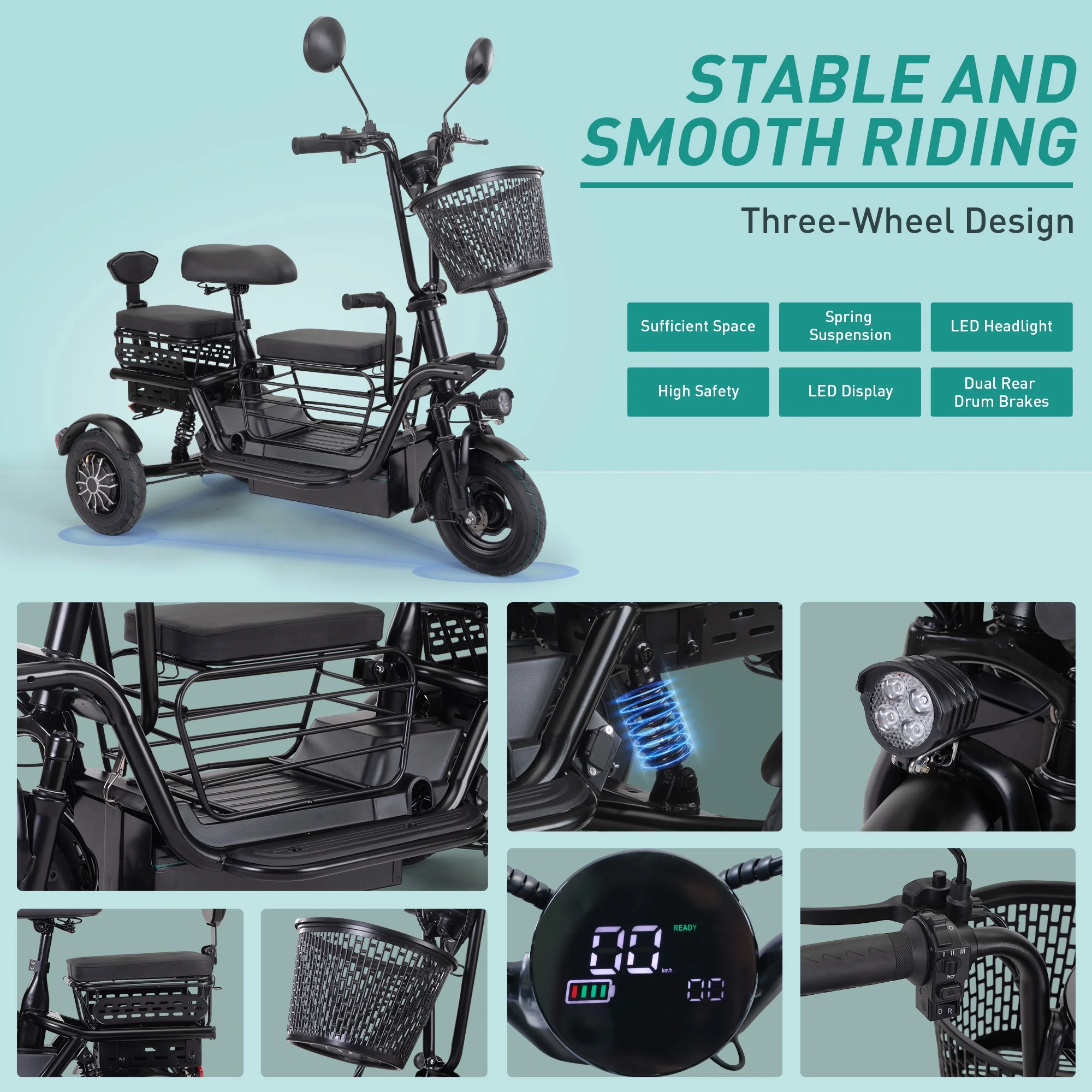 JAXPETY Folding Electric Tricycle, 3 Wheel Motorized Bicycle with 48V 400W Lithium Battery, for Men/Women/Kids, Perfect Spring Gift for Family, Black