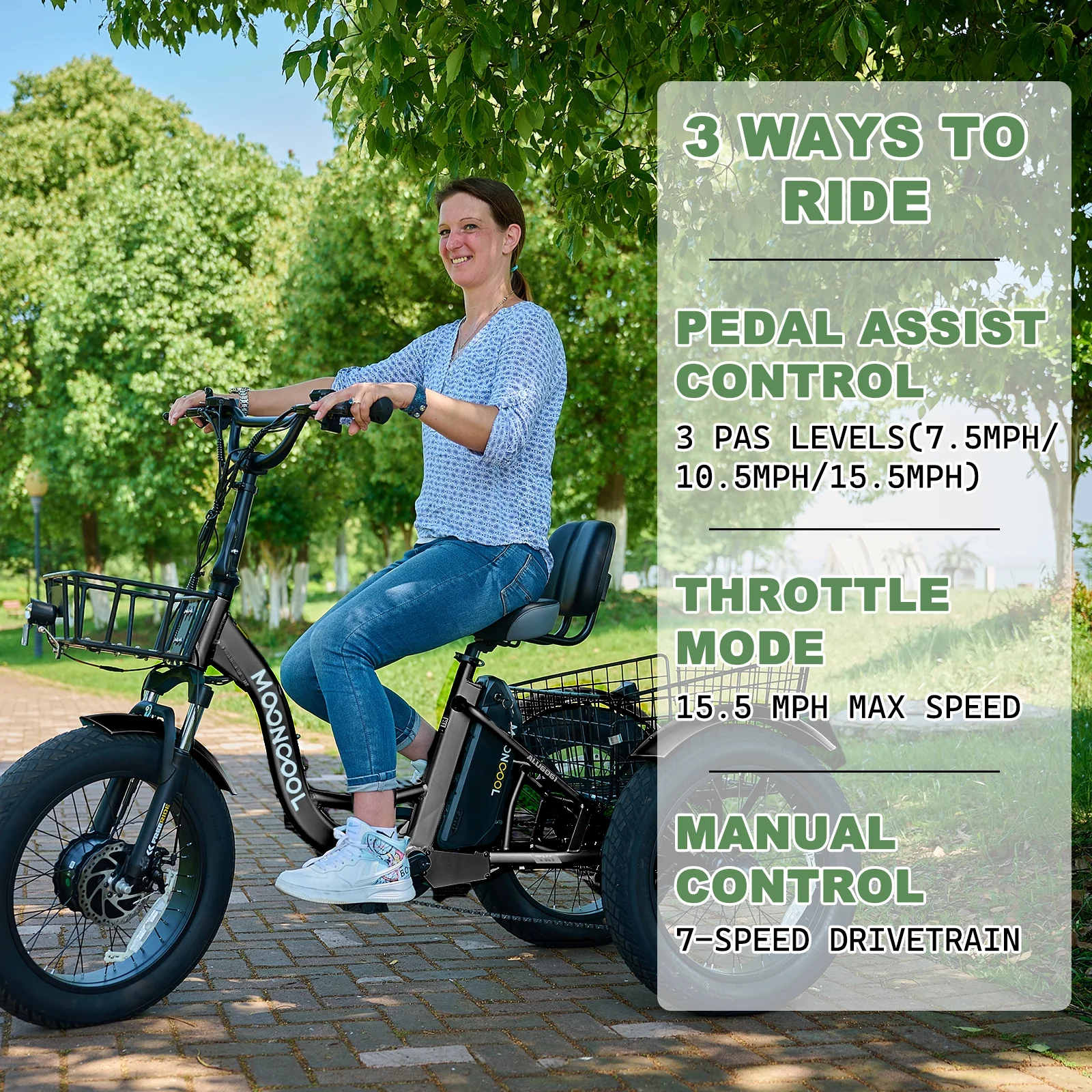 MOONCOOL 750W Motor Electric Tricycle for Adults, 7 Speed 20 x 4.0 Inch Fat Tire 3 Wheel Electric Bike, 48V Removable Battery, Aluminum Frame Motorized Trike with Carry Cargo Front & Rear Basket