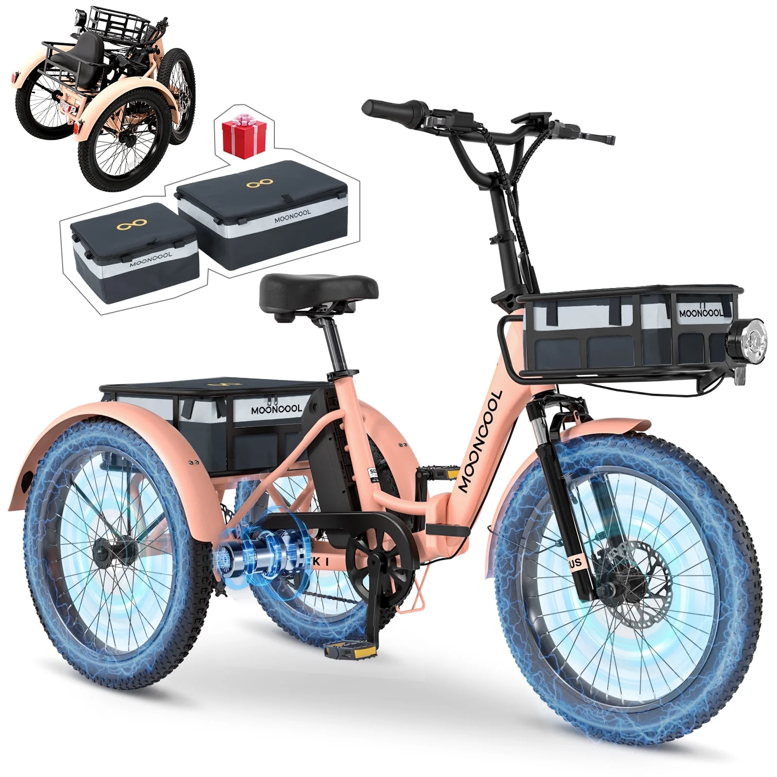 MOONCOOL TK1 Folding Electric Tricycle with Rack Bags , 750W Motor 48V Foldable Ebike Electric Trike for Adults, 20