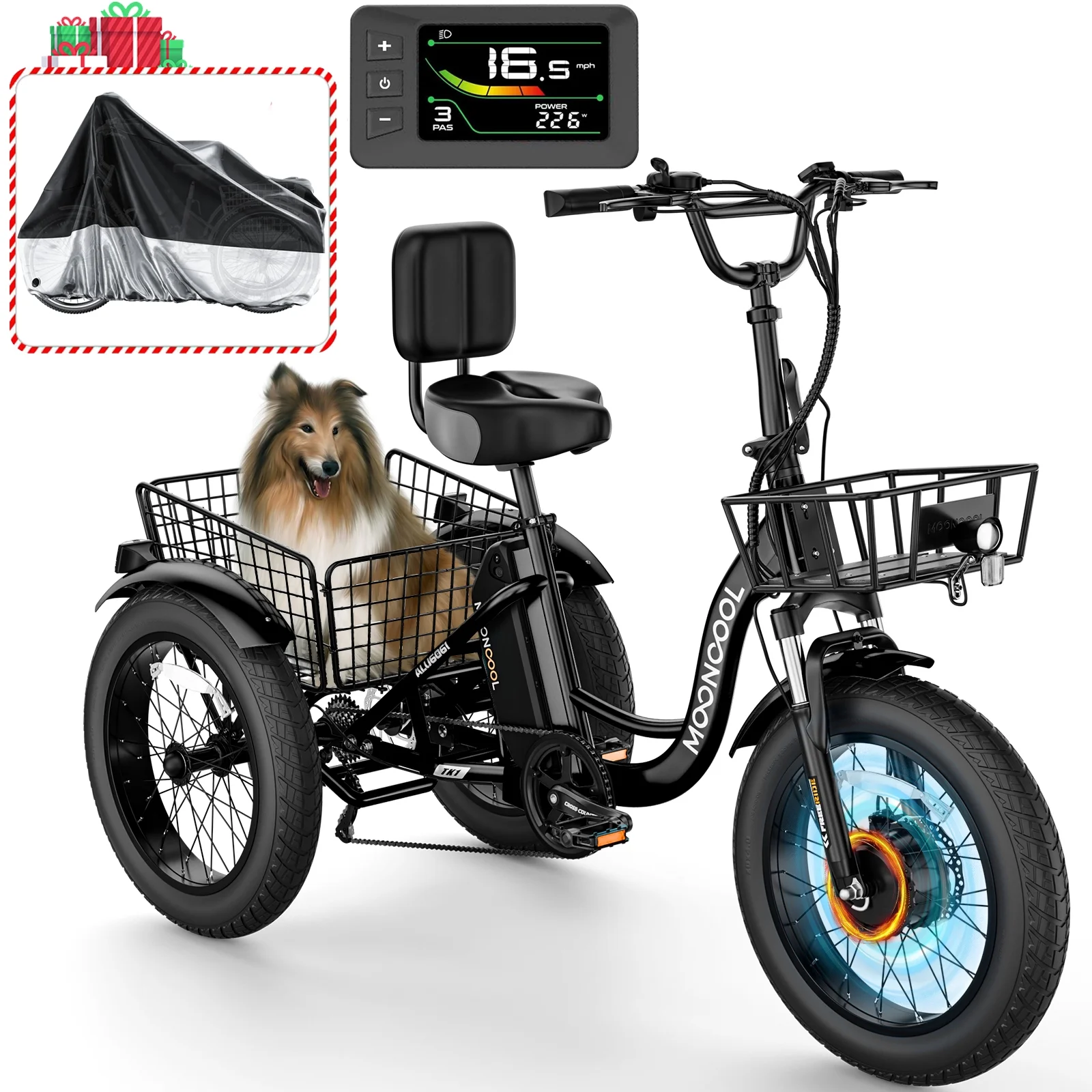 MOONCOOL 750W Motor Electric Tricycle for Adults, 7 Speed 20 x 4.0 Inch Fat Tire 3 Wheel Electric Bike, 48V Removable Battery, Aluminum Frame Motorized Trike with Carry Cargo Front & Rear Basket