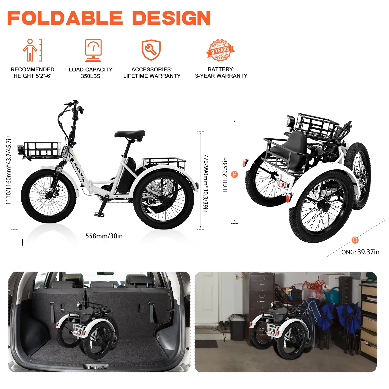 MOONCOOL TK1 Folding Electric Tricycle with Rack Bags , 750W Motor 48V Foldable Ebike Electric Trike for Adults, 20
