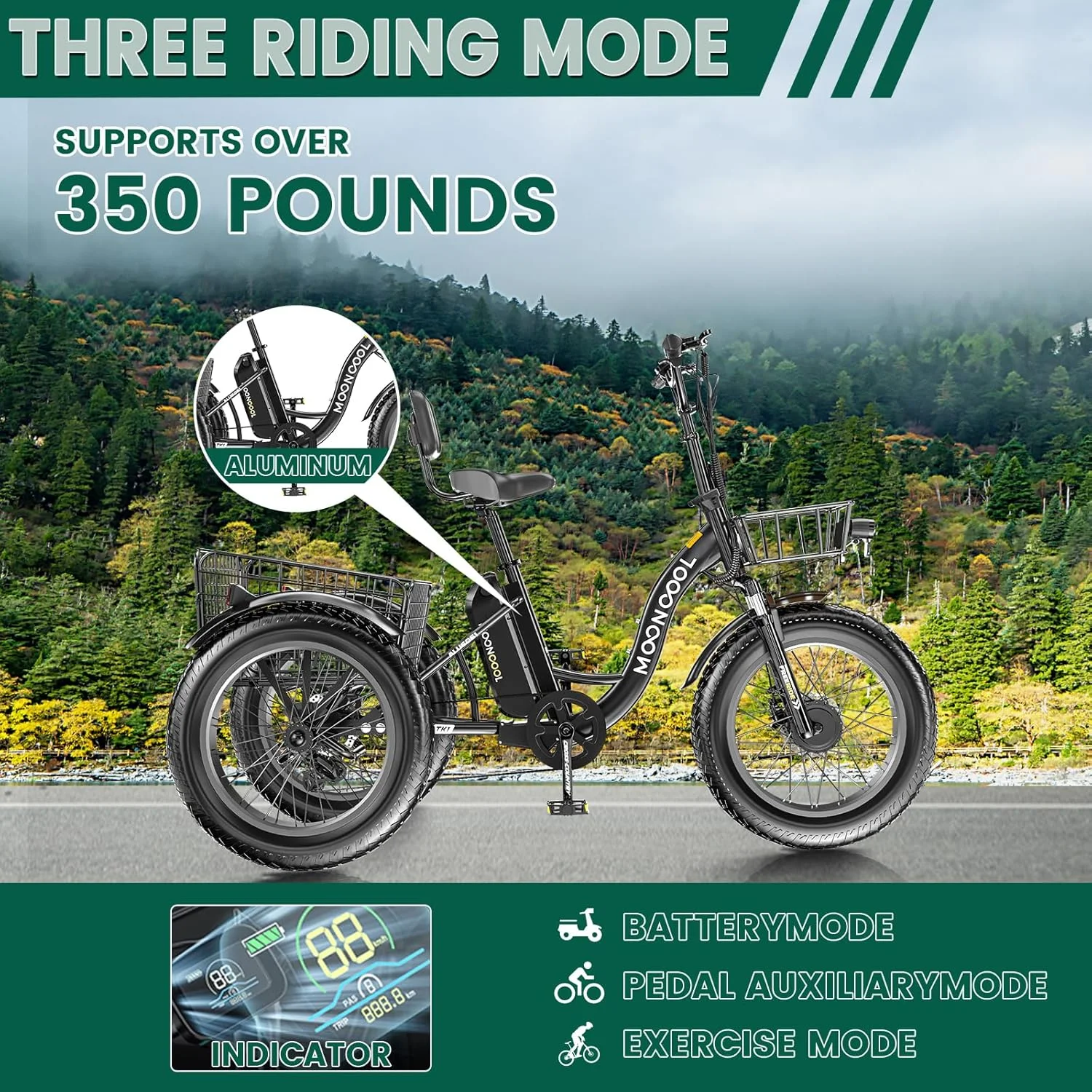 MOONCOOL 750W Motor Electric Tricycle for Adults, 7 Speed 20 x 4.0 Inch Fat Tire 3 Wheel Electric Bike, 48V Removable Battery, Aluminum Frame Motorized Trike with Carry Cargo Front & Rear Basket