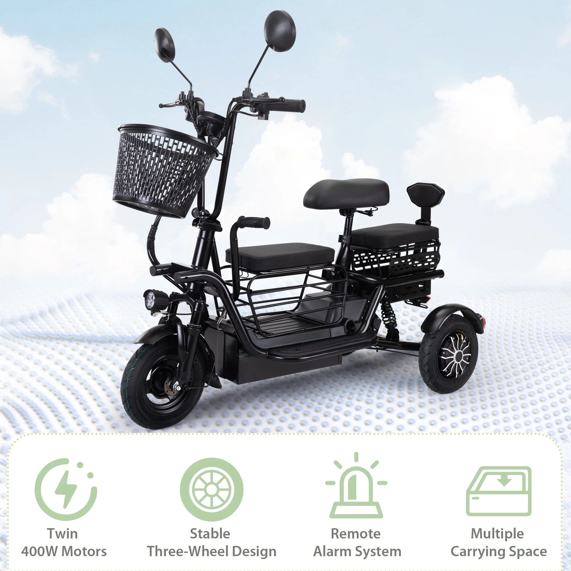 JAXPETY Folding Electric Tricycle, 3 Wheel Motorized Bicycle with 48V 400W Lithium Battery, for Men/Women/Kids, Perfect Spring Gift for Family, Black