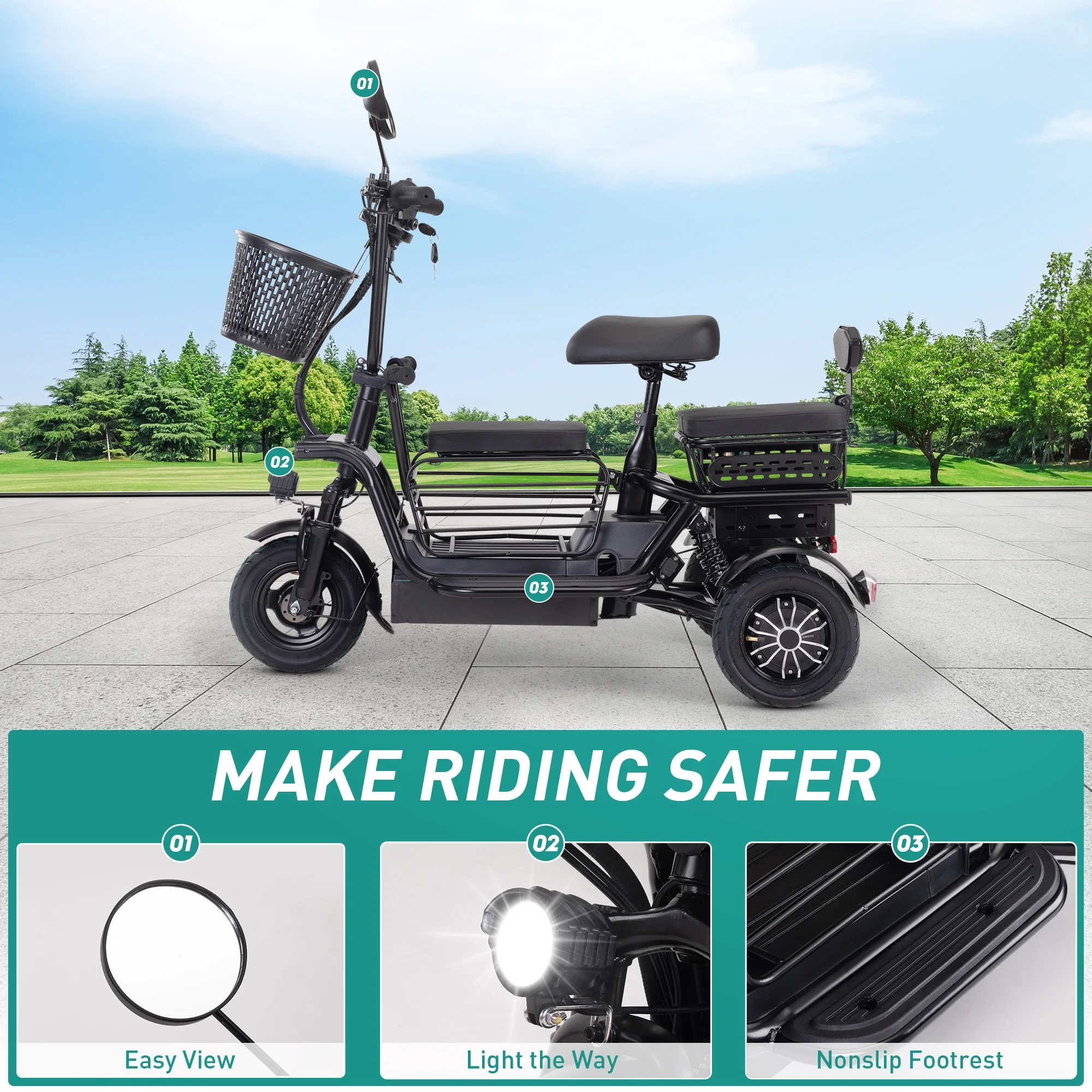 JAXPETY Folding Electric Tricycle, 3 Wheel Motorized Bicycle with 48V 400W Lithium Battery, for Men/Women/Kids, Perfect Spring Gift for Family, Black