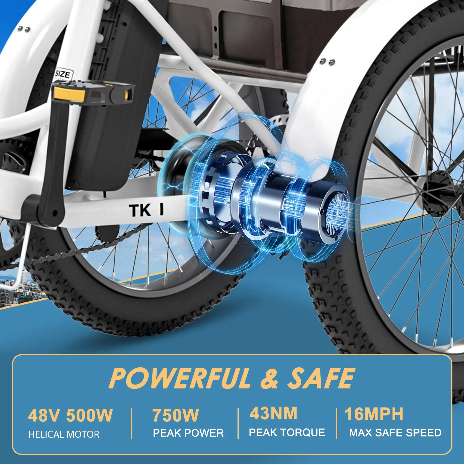 MOONCOOL TK1 Folding Electric Tricycle with Rack Bags , 750W Motor 48V Foldable Ebike Electric Trike for Adults, 20