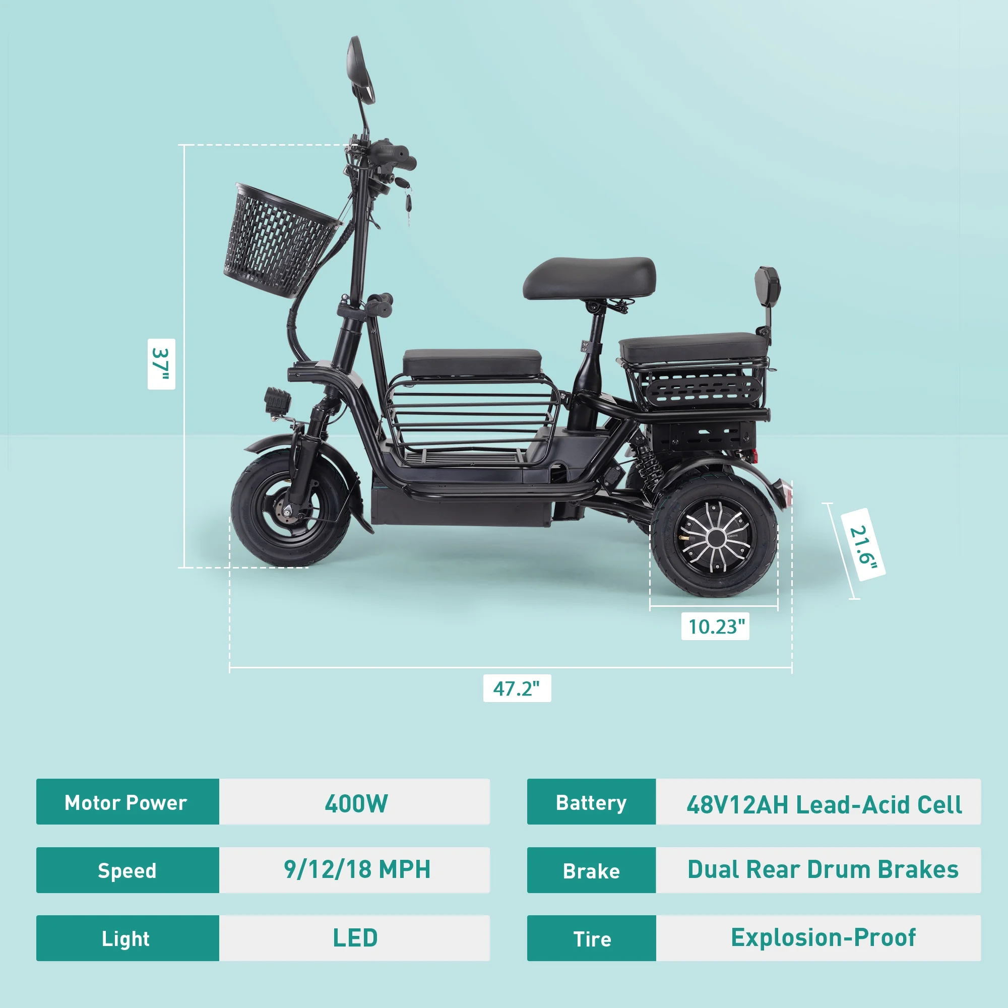 JAXPETY Folding Electric Tricycle, 3 Wheel Motorized Bicycle with 48V 400W Lithium Battery, for Men/Women/Kids, Perfect Spring Gift for Family, Black