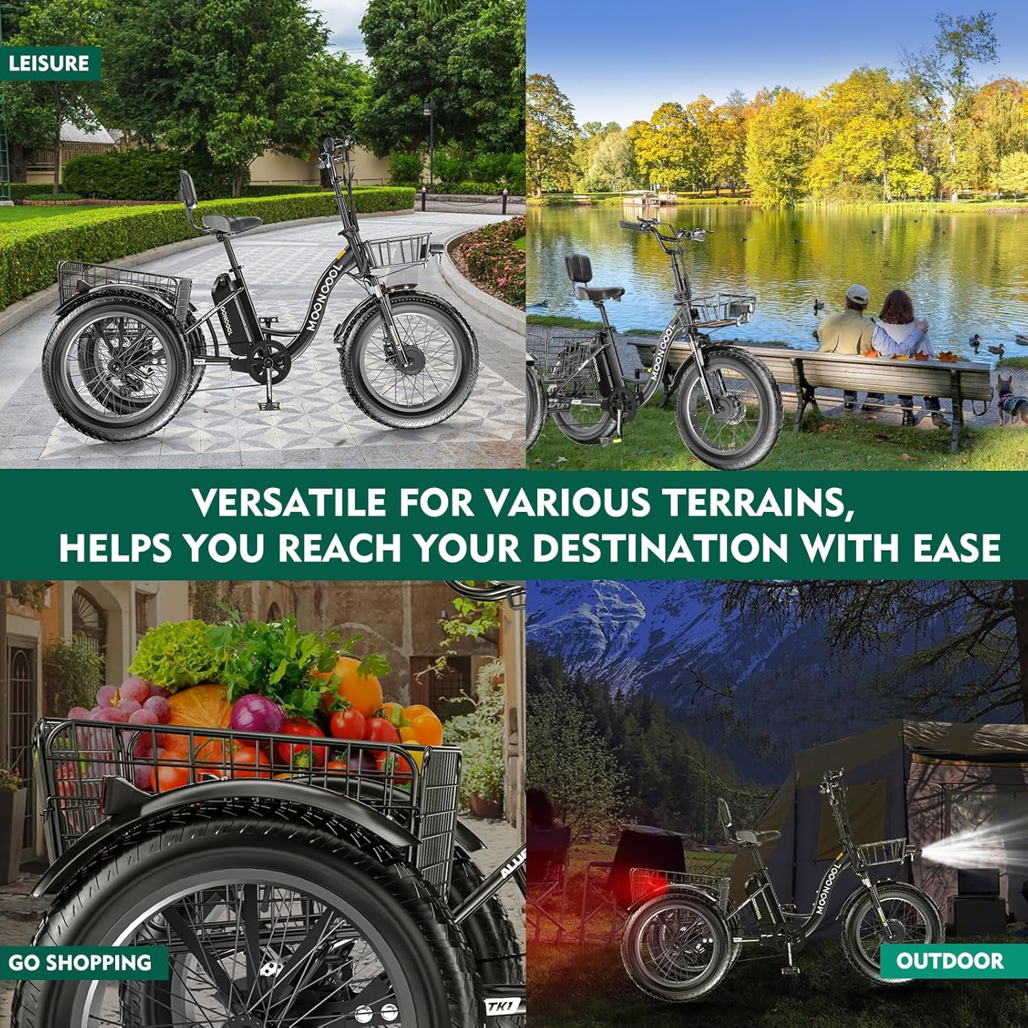 MOONCOOL 750W Motor Electric Tricycle for Adults, 7 Speed 20 x 4.0 Inch Fat Tire 3 Wheel Electric Bike, 48V Removable Battery, Aluminum Frame Motorized Trike with Carry Cargo Front & Rear Basket