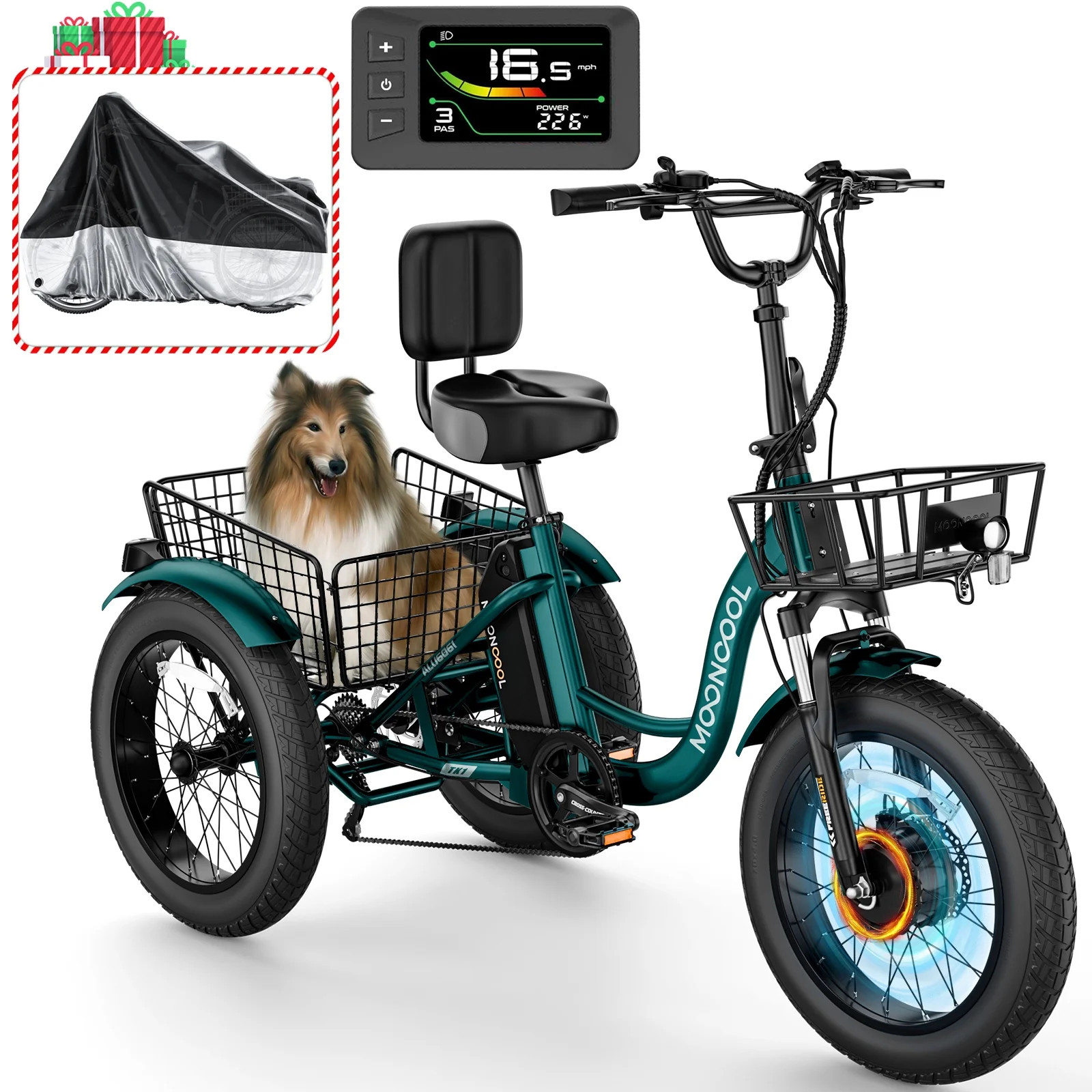 MOONCOOL 750W Motor Electric Tricycle for Adults, 7 Speed 20 x 4.0 Inch Fat Tire 3 Wheel Electric Bike, 48V Removable Battery, Aluminum Frame Motorized Trike with Carry Cargo Front & Rear Basket