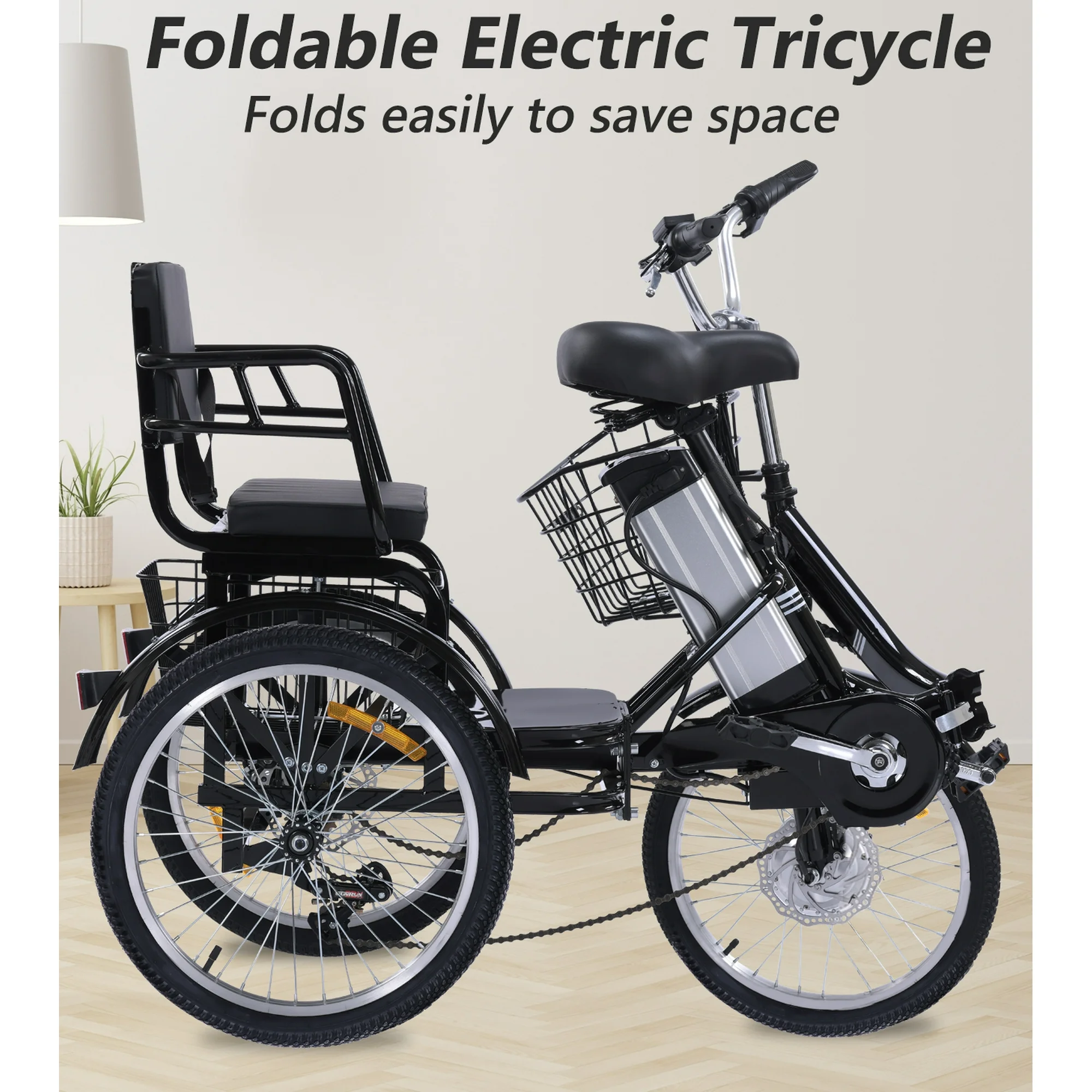 YEBEI Foldable Adult Electric Tricycle 350W with Passenger Seat 20 Miles Capacity 330 lbs