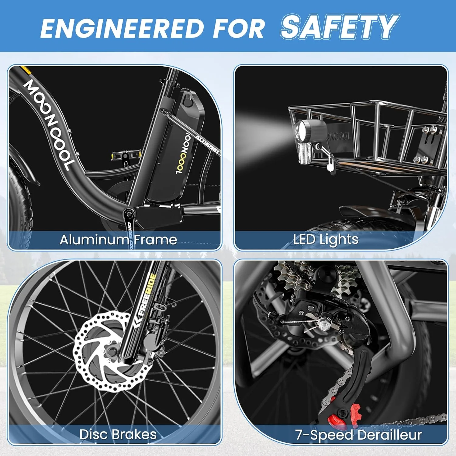MOONCOOL 750W Motor Electric Tricycle for Adults, 7 Speed 20 x 4.0 Inch Fat Tire 3 Wheel Electric Bike, 48V Removable Battery, Aluminum Frame Motorized Trike with Carry Cargo Front & Rear Basket