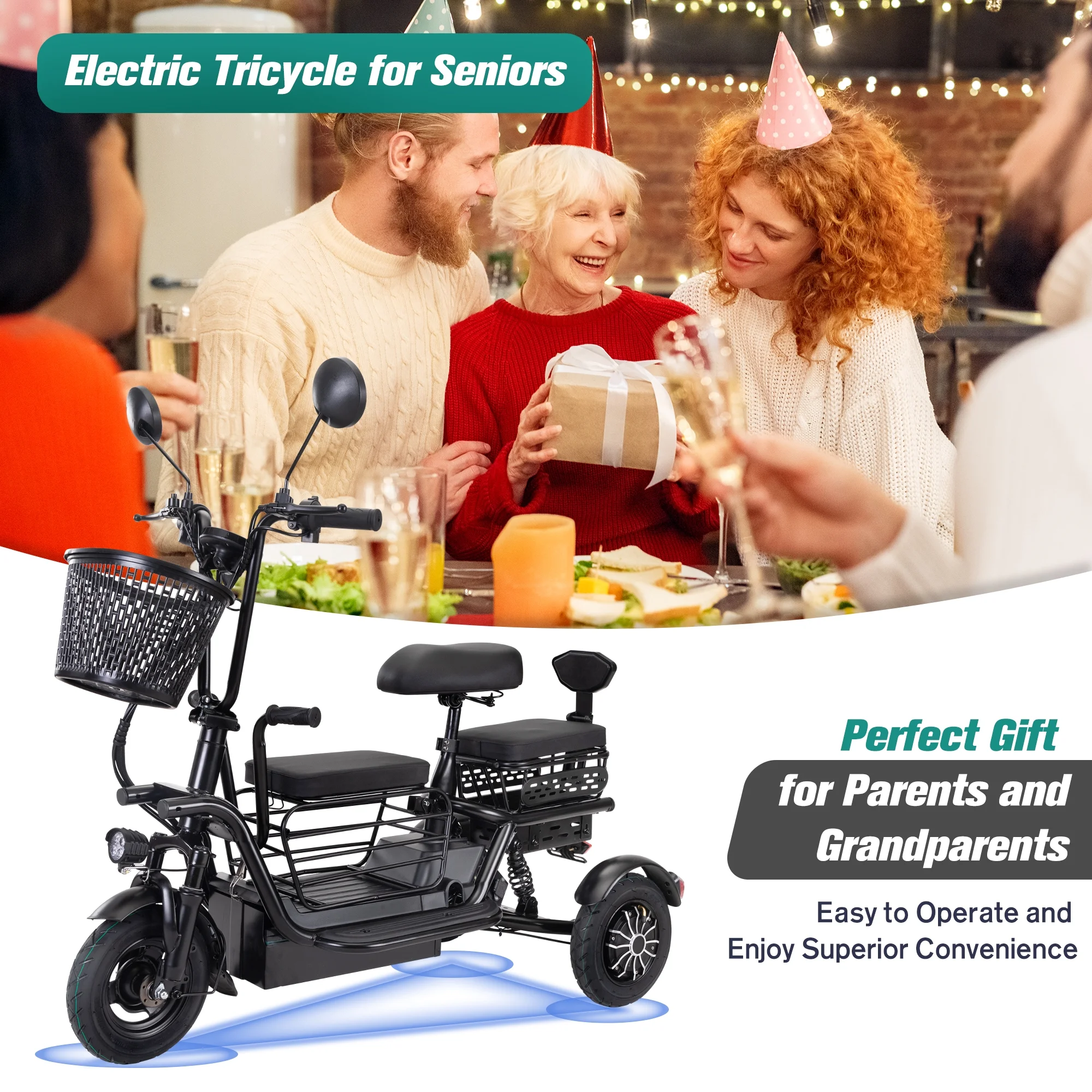 JAXPETY Folding Electric Tricycle, 3 Wheel Motorized Bicycle with 48V 400W Lithium Battery, for Men/Women/Kids, Perfect Spring Gift for Family, Black