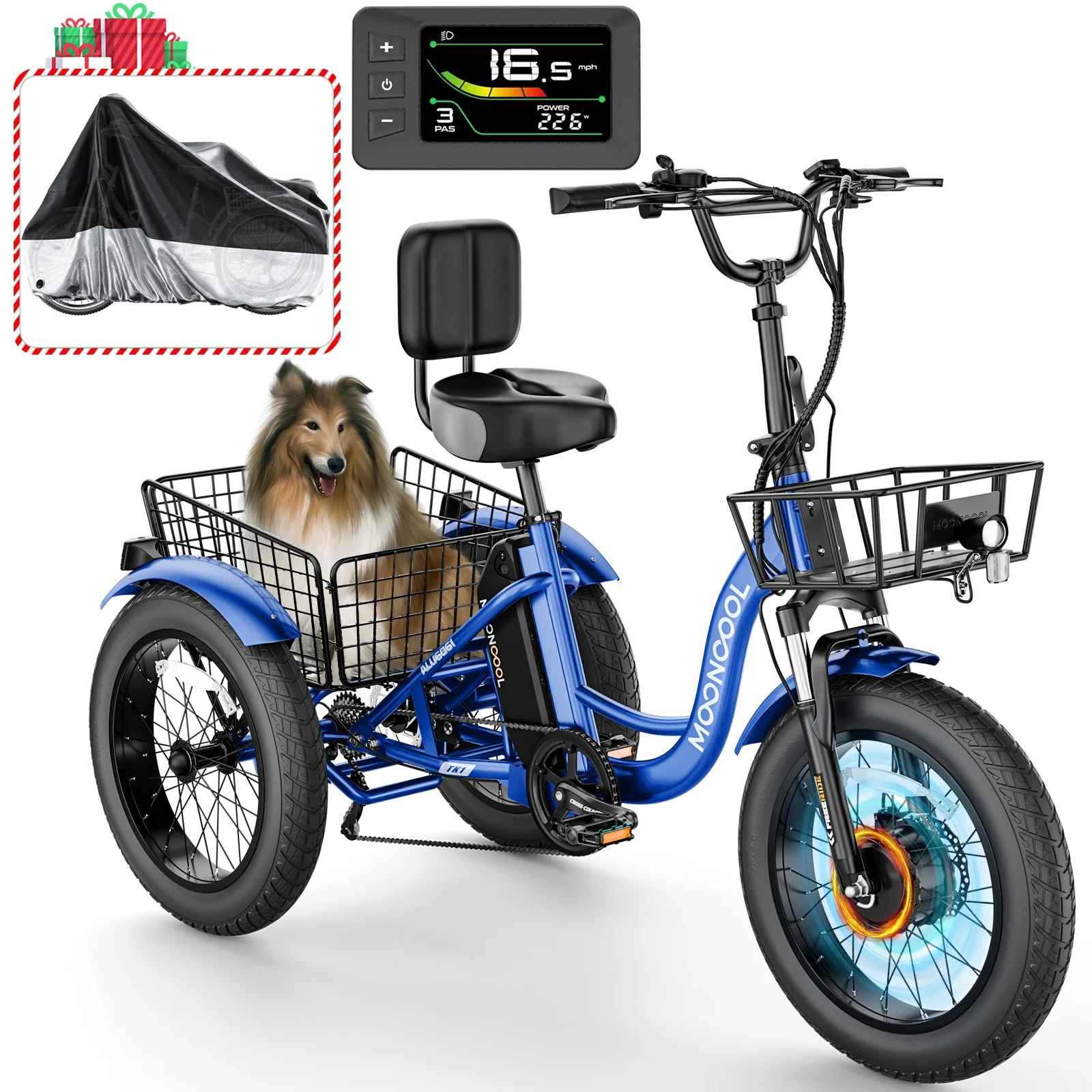 MOONCOOL 750W Motor Electric Tricycle for Adults, 7 Speed 20 x 4.0 Inch Fat Tire 3 Wheel Electric Bike, 48V Removable Battery, Aluminum Frame Motorized Trike with Carry Cargo Front & Rear Basket