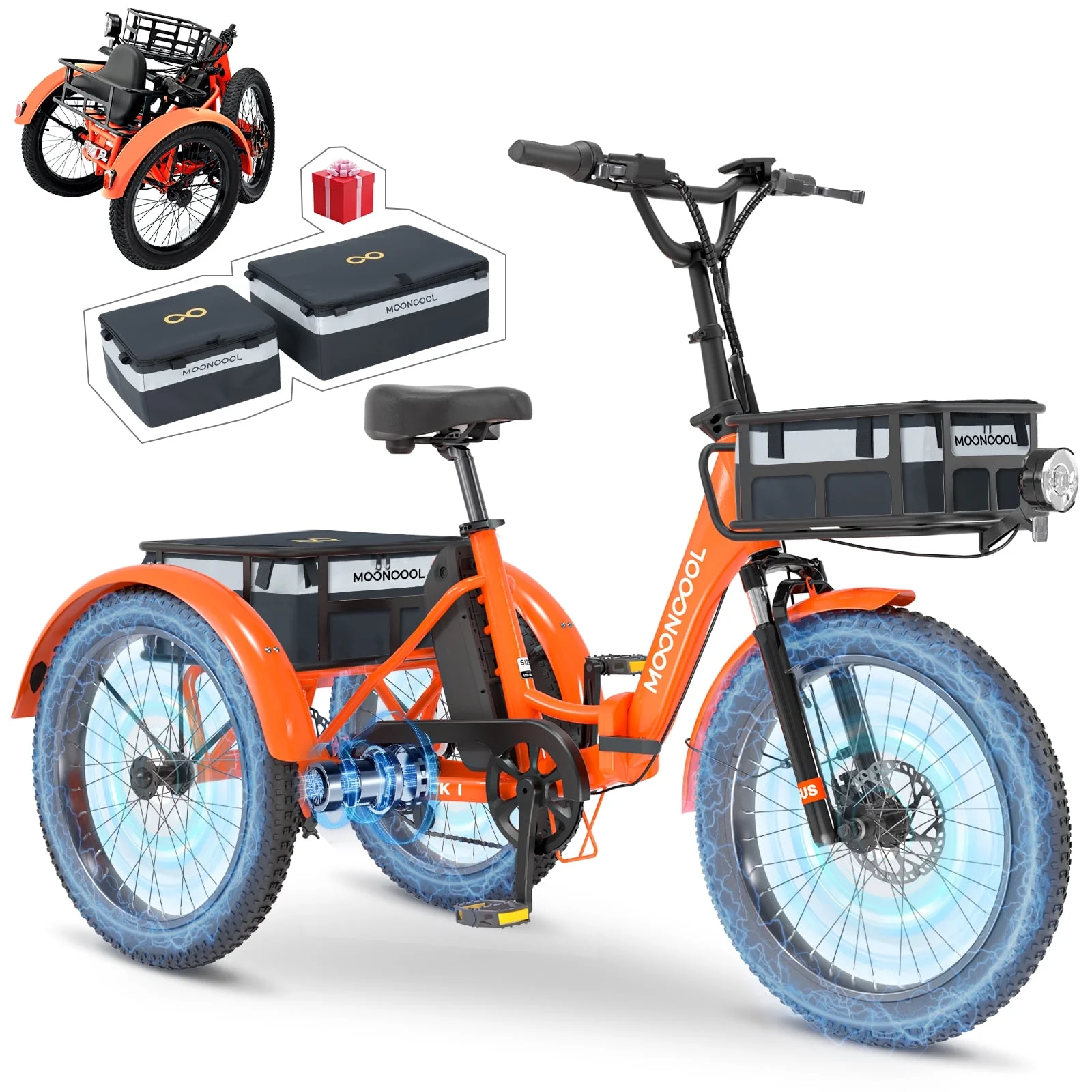 MOONCOOL TK1 Folding Electric Tricycle with Rack Bags , 750W Motor 48V Foldable Ebike Electric Trike for Adults, 20