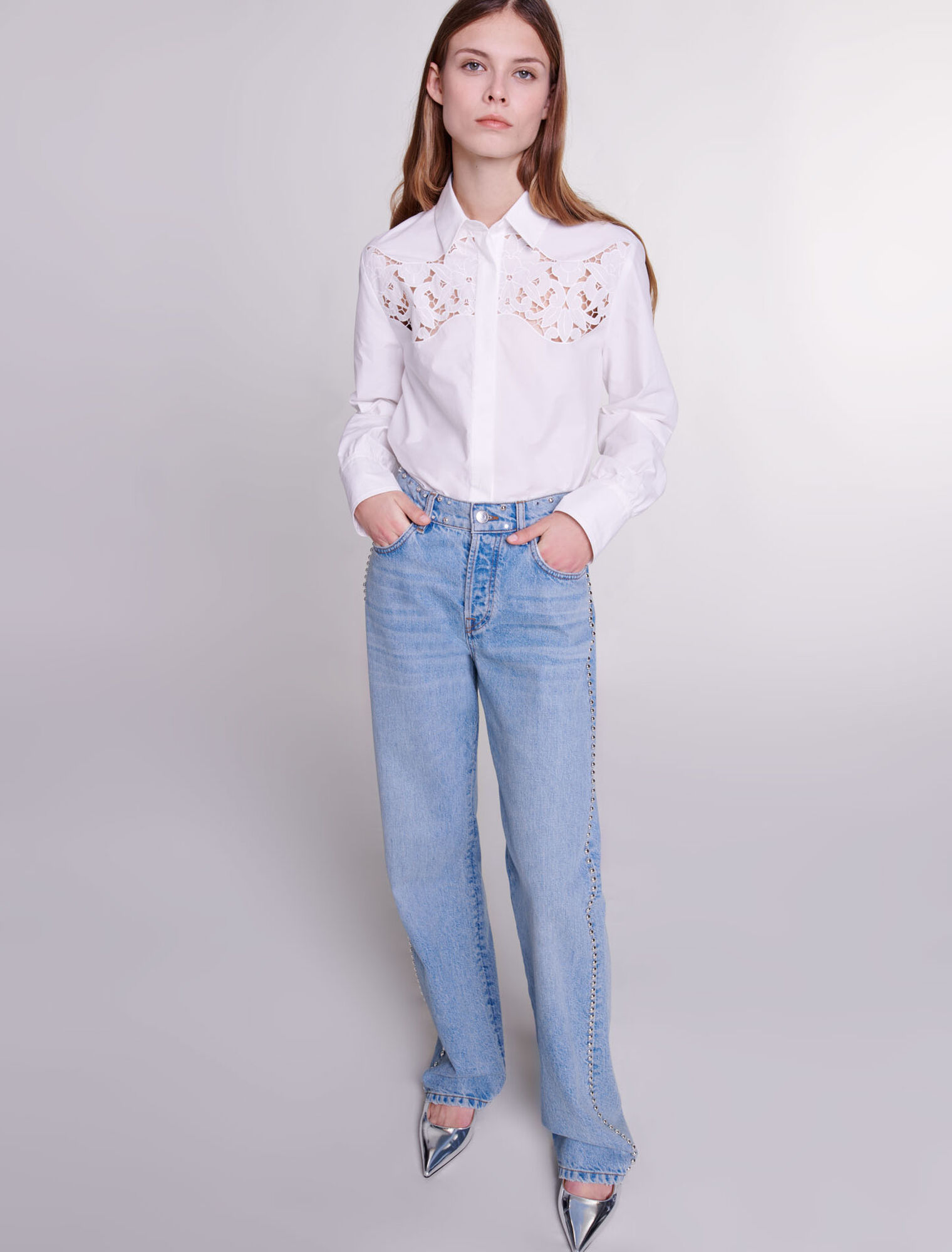 Wide-leg studded jeans