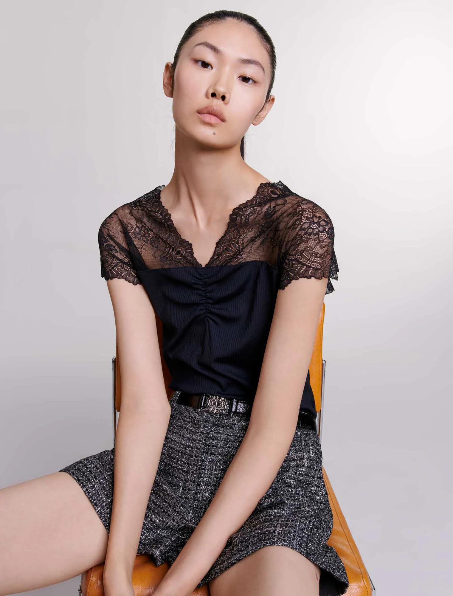 Jersey top with lace trim