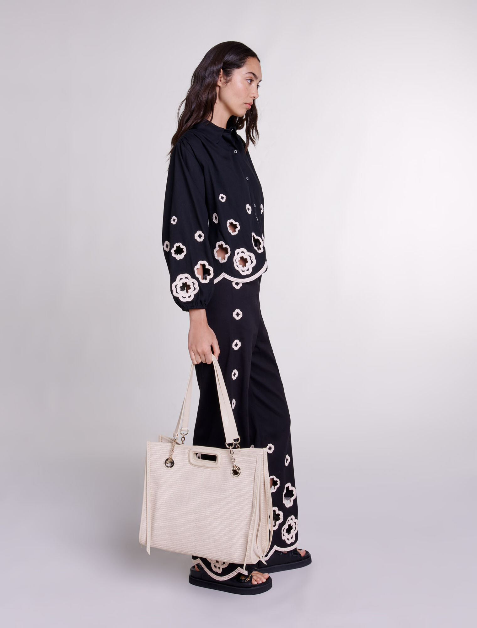 Raffia-effect textile tote bag