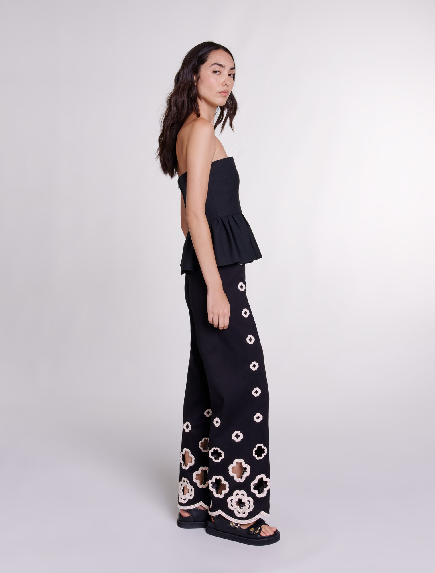 Wide-leg crochet trousers
