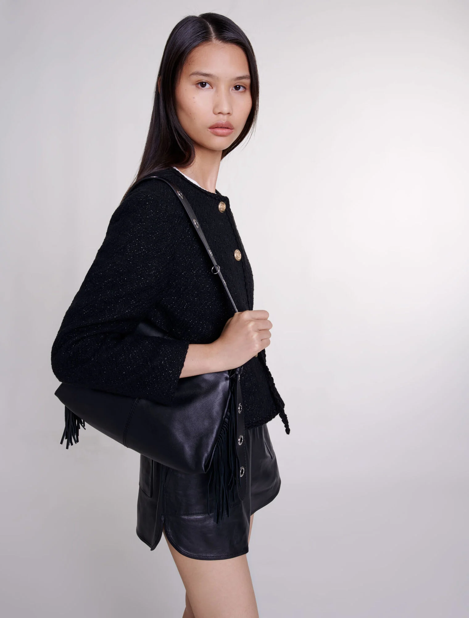 Belted shiny tweed jacket