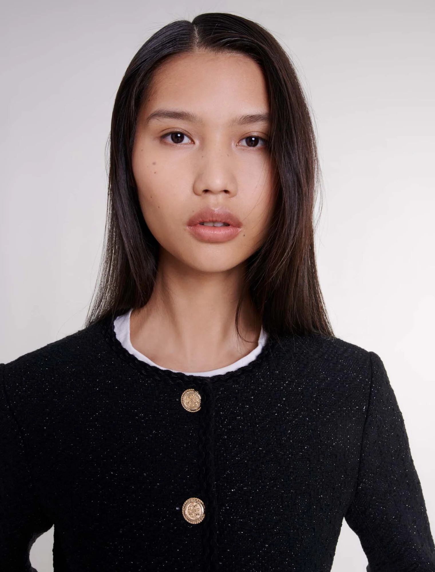 Belted shiny tweed jacket