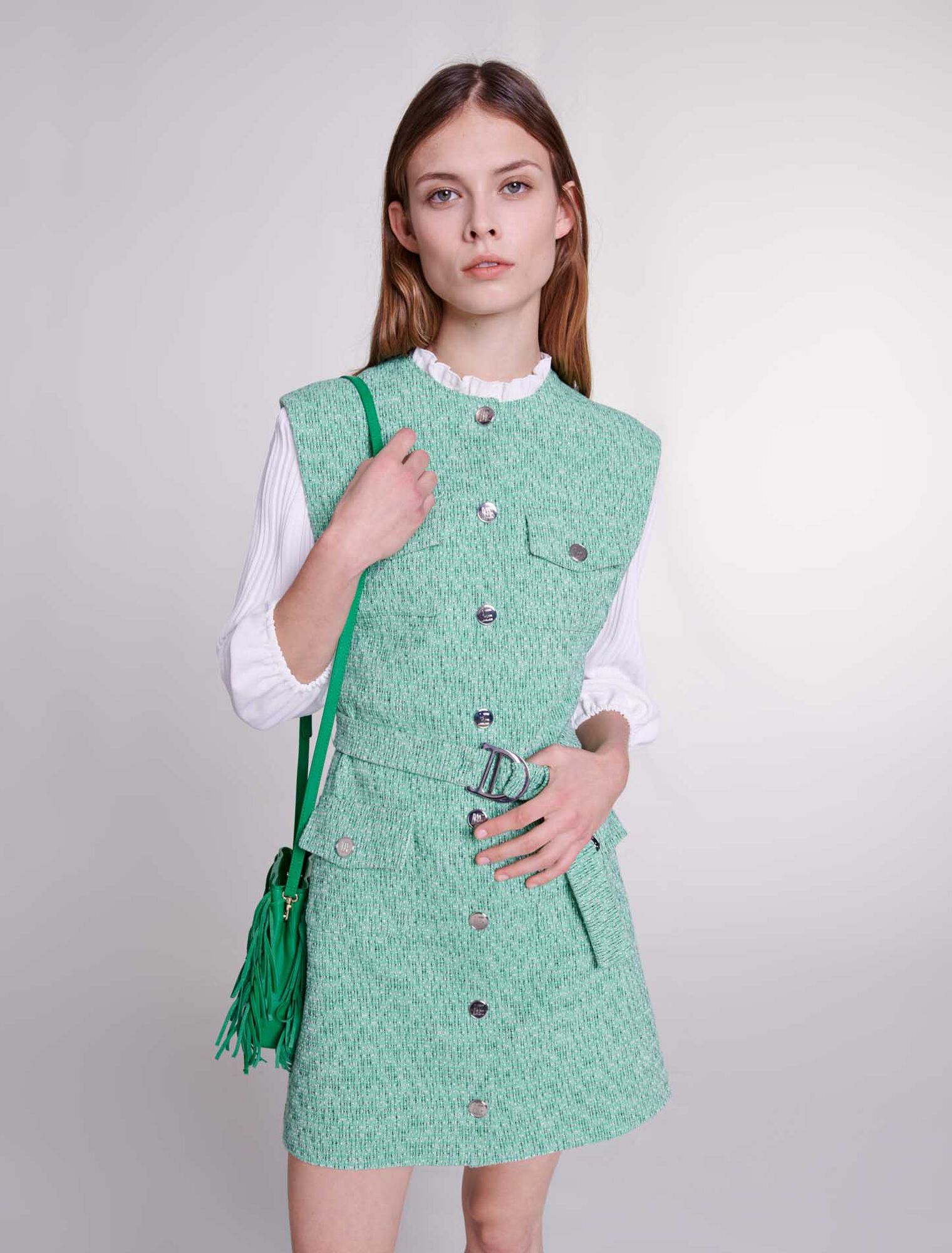 Dual-material tweed dress