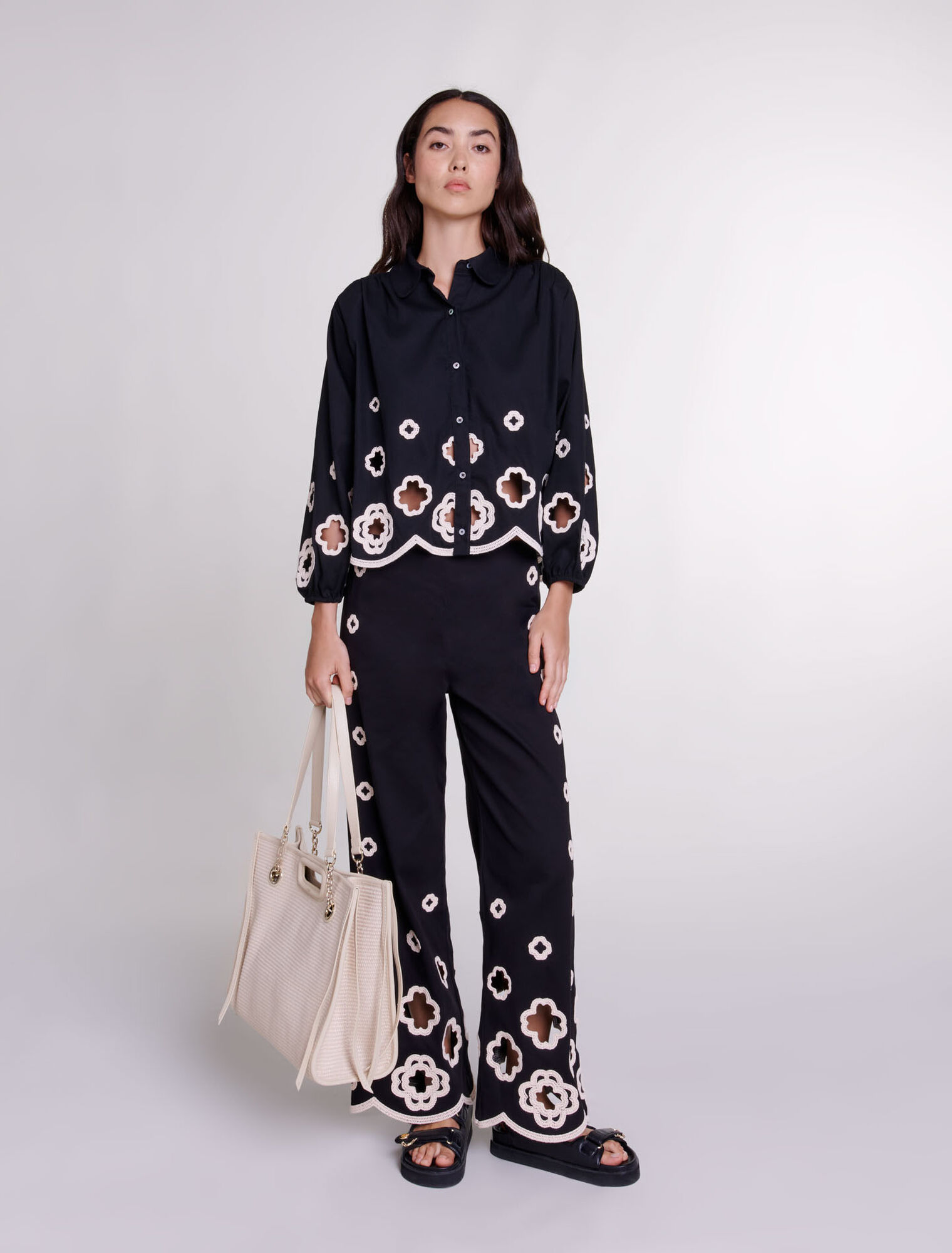 Wide-leg crochet trousers