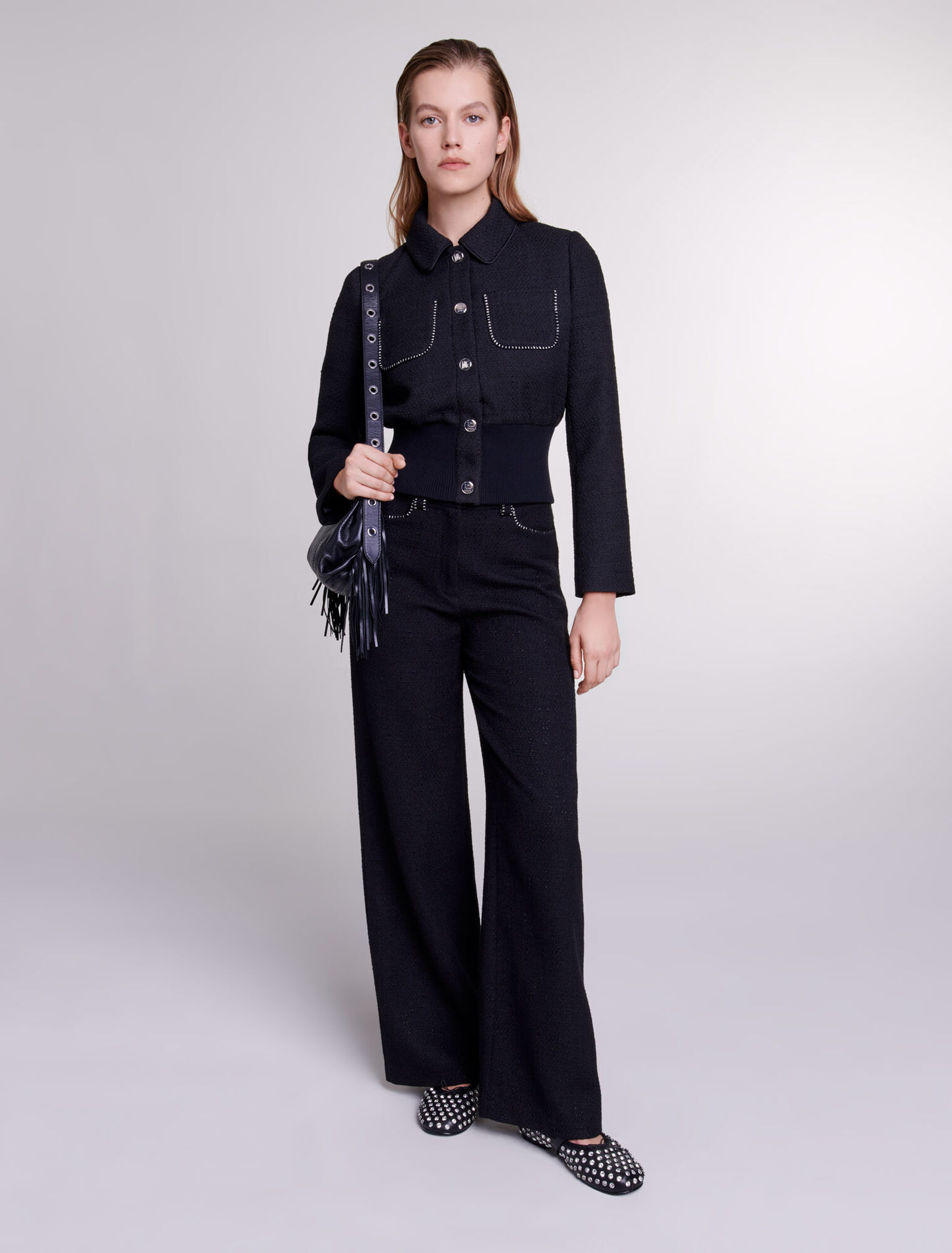 Wide-leg tweed trousers