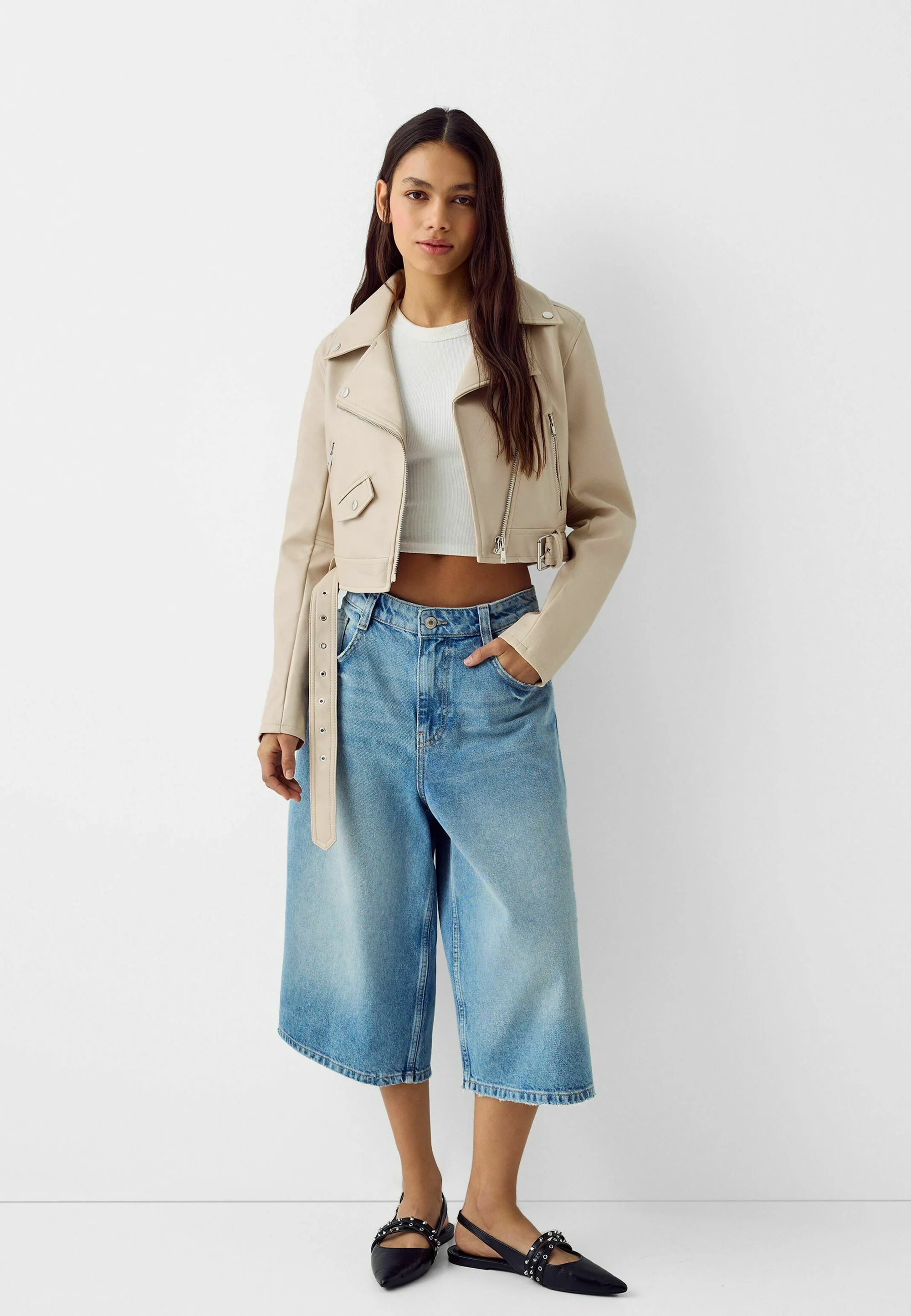 Bershka BELTED - BIKER - Giacca in similpelle