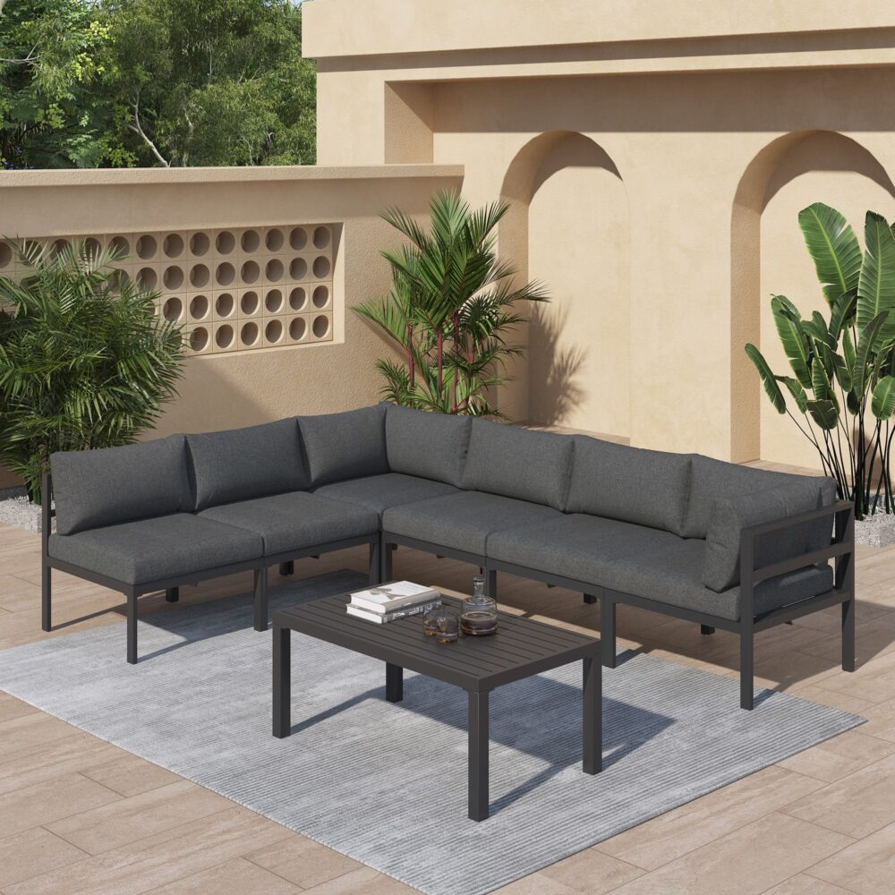 Blythe 6-Seater Minimalist Charcoal 7-Piece Outdoor Lounge Set - Grey