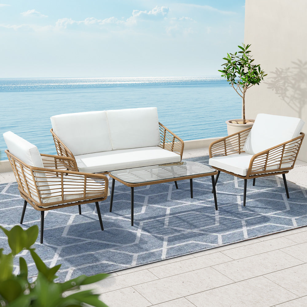 Houda 4-Seater Furniture Rattan Table Chairs 4-Piece Outdoor Sofa - Wood