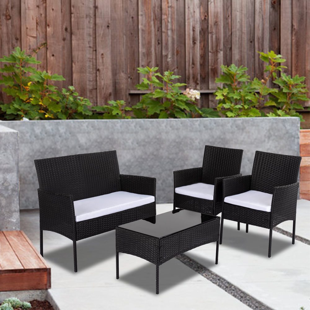 Avery 4-Seater PE Wicker Lounge Sofa 4-Piece Outdoor Sofa - Black