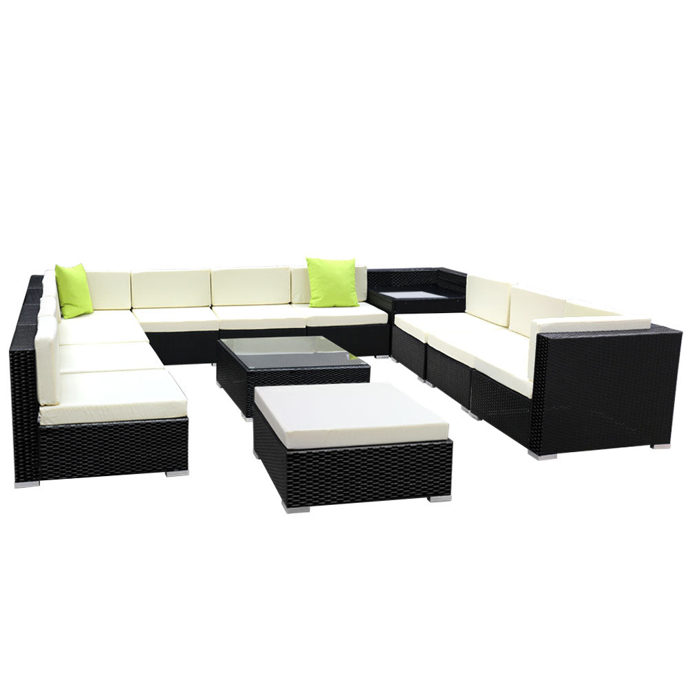 Chester 12-Seater Furniture Set Wicker Garden Patio Lounge 13-Piece Outdoor Sofa - Black