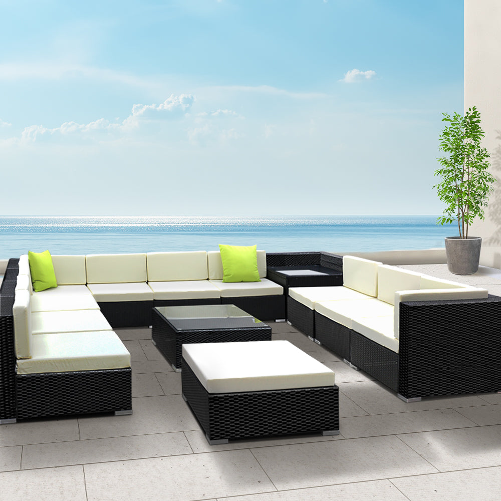Chester 12-Seater Furniture Set Wicker Garden Patio Lounge 13-Piece Outdoor Sofa - Black