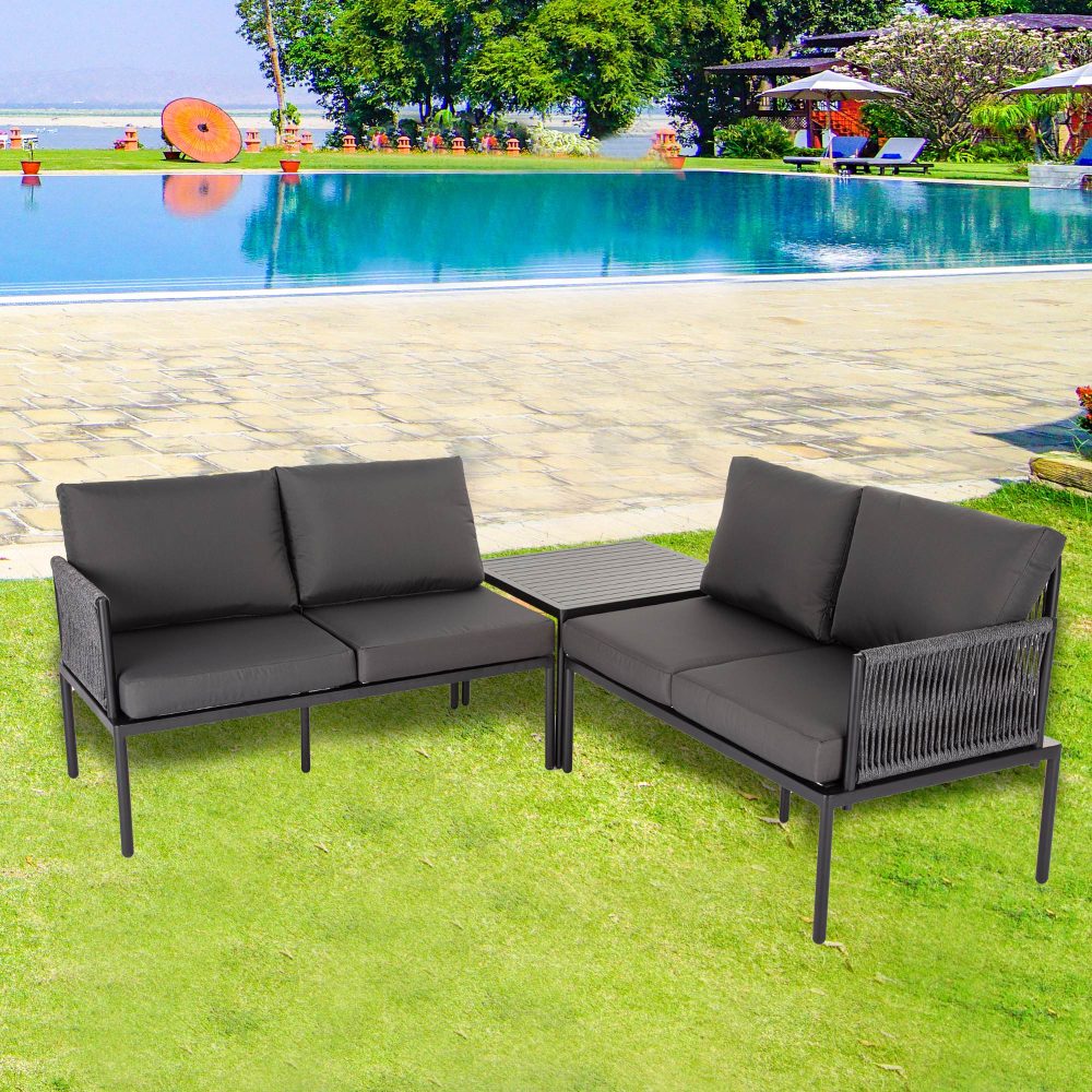Cosmo 4-Seater with Coffee Table Stylish Textile and Rope Design 3-Piece Outdoor Lounge Set - Black