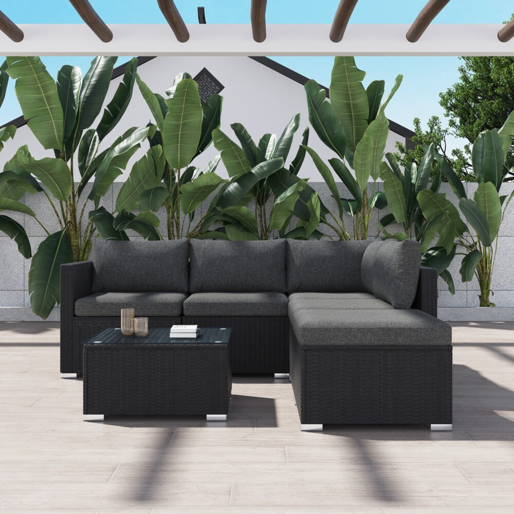 Perry 5-Seater Ottoman Style Outdoor Lounge Set - Black