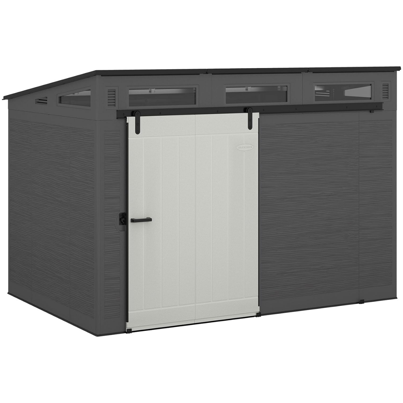 Suncast Modernist 10 Foot by 7 Foot Outdoor Plastic Storage Shed with Pad Lockable Sliding Barn Door for Outdoor Storage Items, Gray and Black