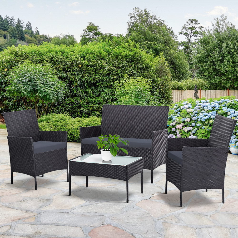 Justin 4-Seater Wicker Patio Dining 4-Piece Outdoor Furniture with Storage Cover - Grey