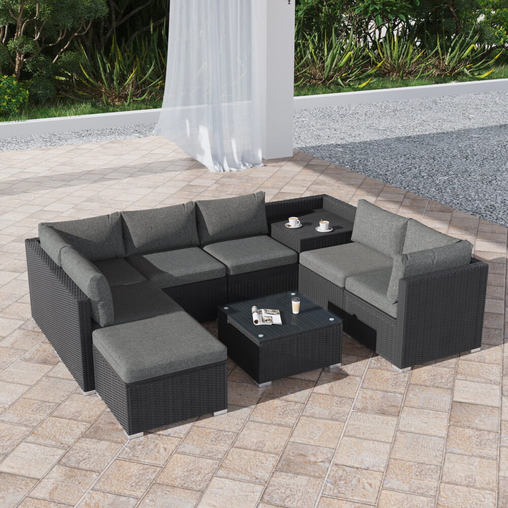 Shannon 6-Seater Large Modular Ottoman Outdoor Lounge Set - Black
