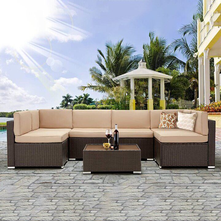 7 Piece Outdoor Patio Furniture Set, PE Rattan Wicker Sofa Set, Outdoor Sectional Furniture Chair Set with Khaki Cushions and Tea Table
