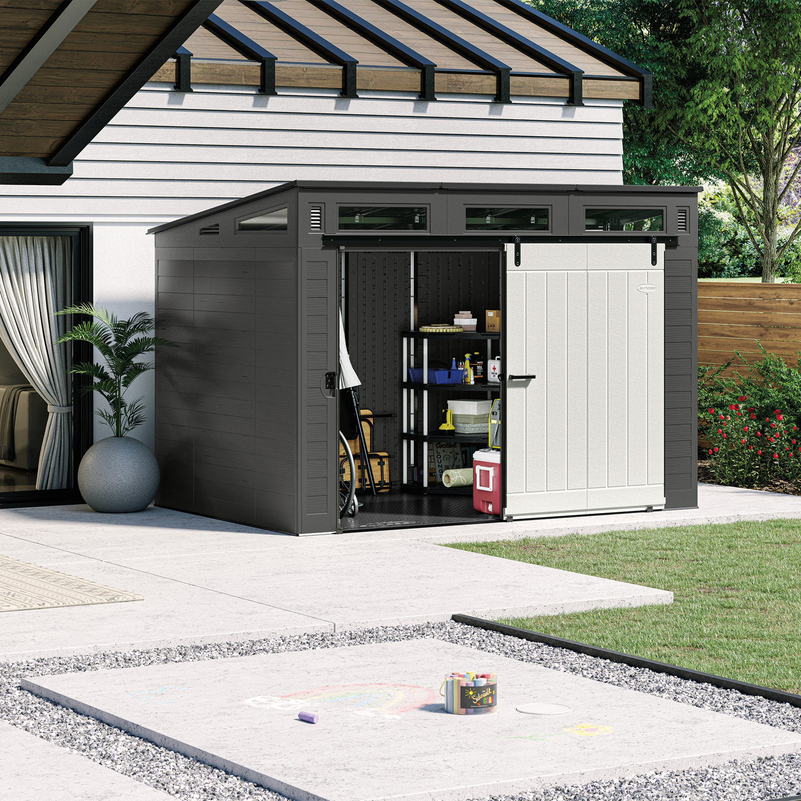 Suncast Modernist 10 Foot by 7 Foot Outdoor Plastic Storage Shed with Pad Lockable Sliding Barn Door for Outdoor Storage Items, Gray and Black