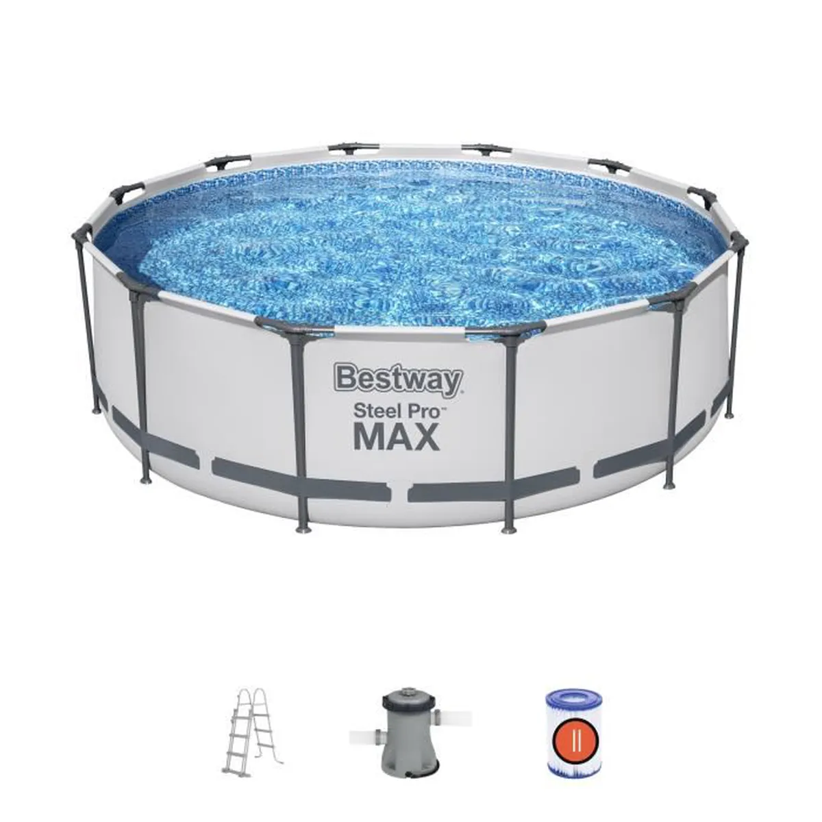 Kit Piscine hors sol tubulaire BESTWAY Steel Pro Max™- 366 x 100 cm - Ronde (Livrée avec filtre à cartouche + échelle de sécurité)