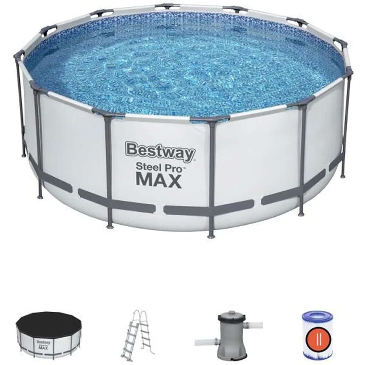 Kit Piscine hors sol tubulaire BESTWAY Steel Pro Max - 366 x 122 cm - Ronde (Livrée avec un filtre à cartouche, échelle, bâche)