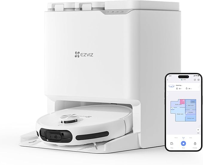 EZVIZ RS20 Pro Robot Vacuum Cleaner Auto All in One Station, 7200Pa, Hot Water Mop Washing, Hot Wind Self Drying, Self Emptying, Self Refilling, Pet Friendly, Carpet Detection, AI Obstacle Avoidance