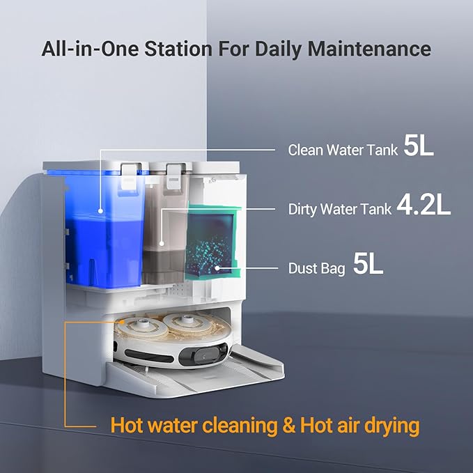 EZVIZ RS20 Pro Robot Vacuum Cleaner Auto All in One Station, 7200Pa, Hot Water Mop Washing, Hot Wind Self Drying, Self Emptying, Self Refilling, Pet Friendly, Carpet Detection, AI Obstacle Avoidance