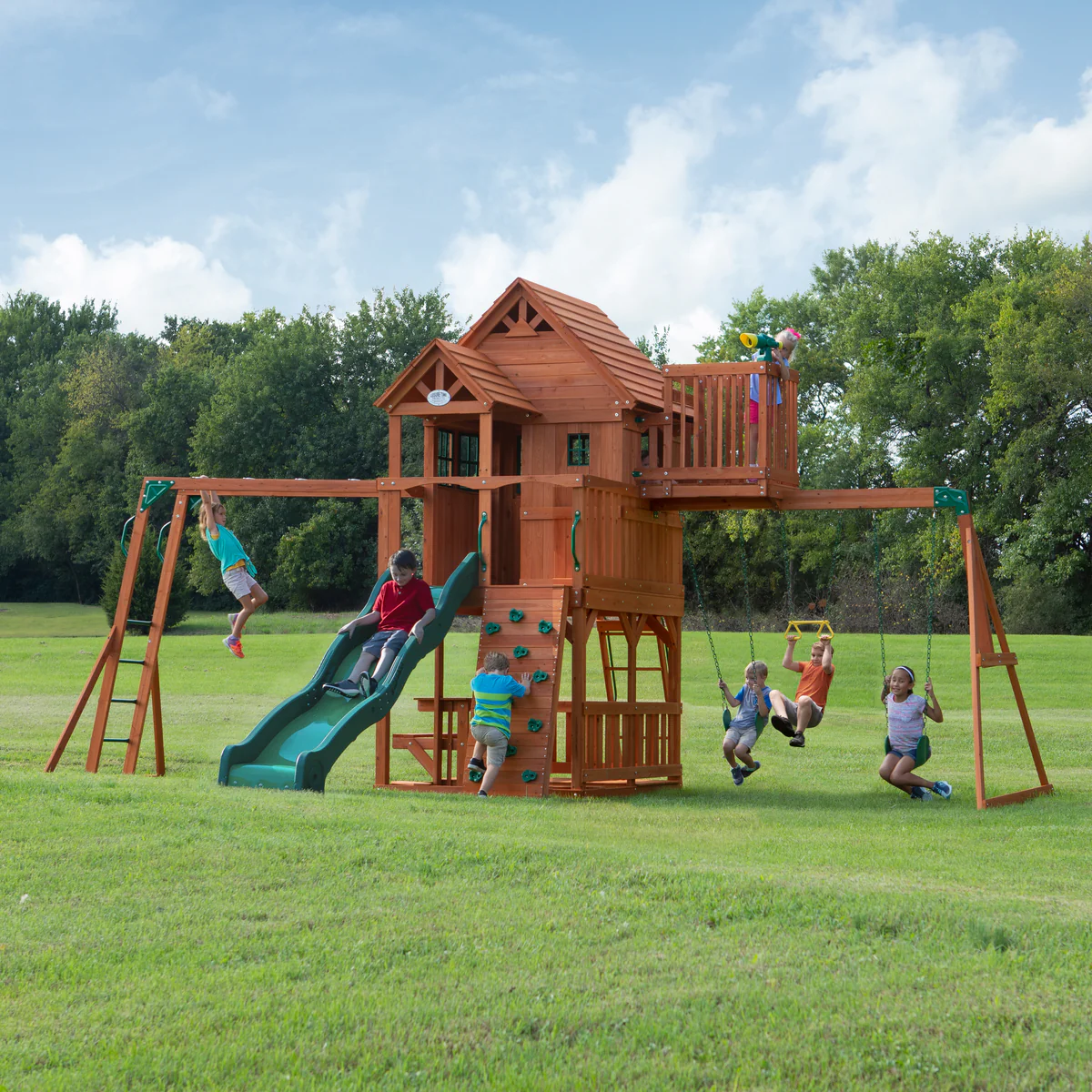 Backyard Discovery Skyfort II Cedar Wood Swing Set with Wave Slide, Raised Clubhouse, Crow's Nest, Monkey Bars, Balcony, Belt Swings, Trapeze, Rock Wall, Picnic Table, Sandbox, Ladder, Outdoor Playset
