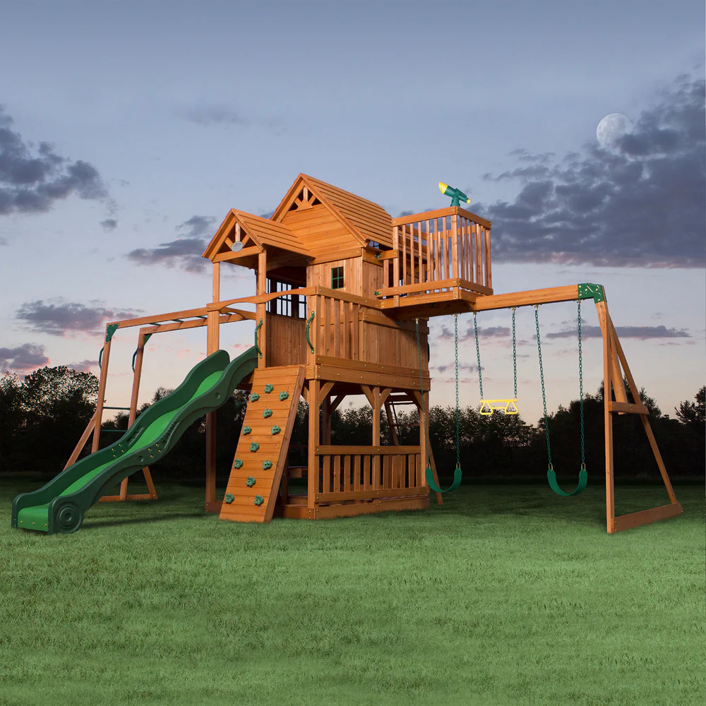 Backyard Discovery Skyfort II Cedar Wood Swing Set with Wave Slide, Raised Clubhouse, Crow's Nest, Monkey Bars, Balcony, Belt Swings, Trapeze, Rock Wall, Picnic Table, Sandbox, Ladder, Outdoor Playset