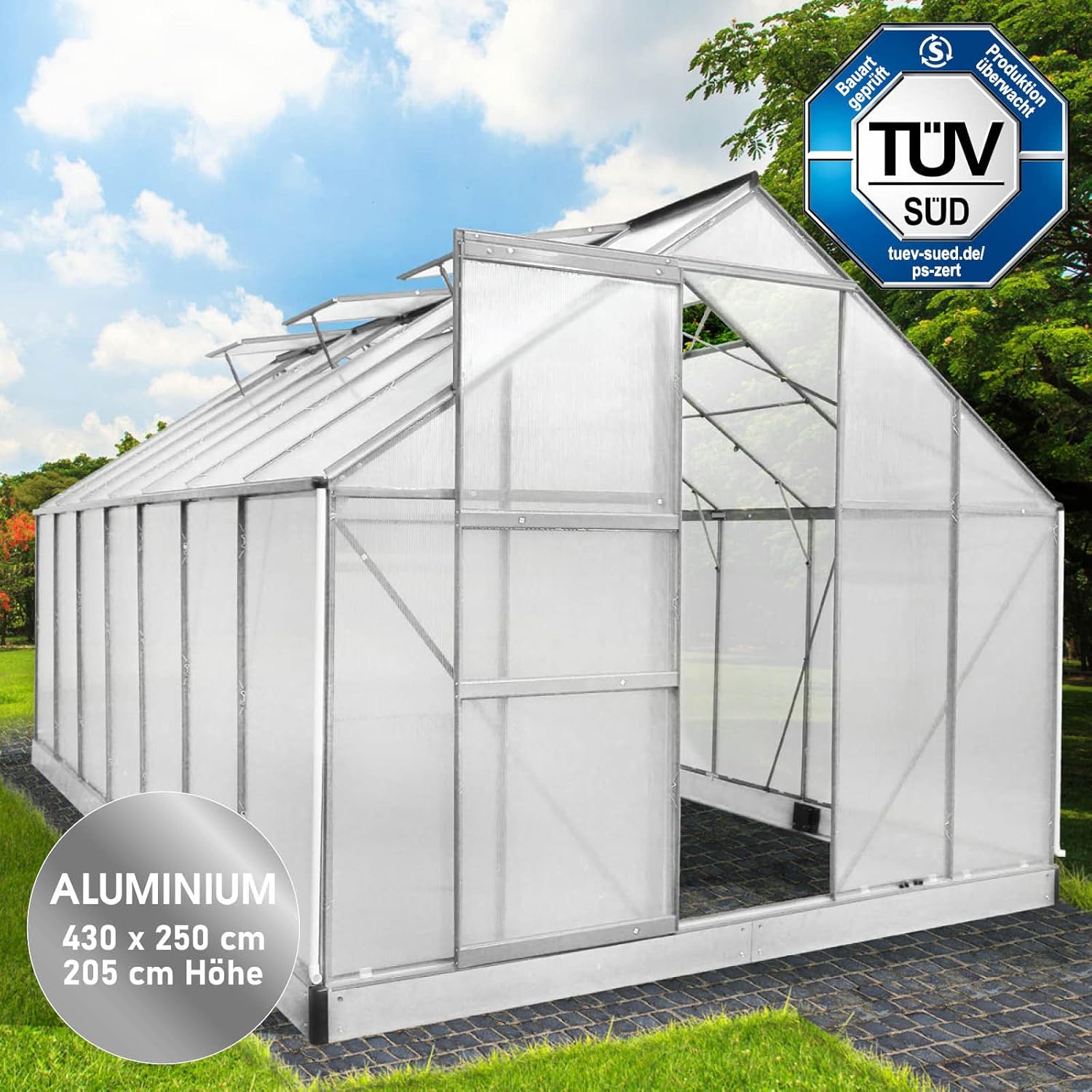BRAST Aluminium Greenhouse with Base 430 x 250 x 205 cm, TÜV Tested, 6 mm Hollow Chamber Panels, Rustproof/Weatherproof/Temperature-Resistant