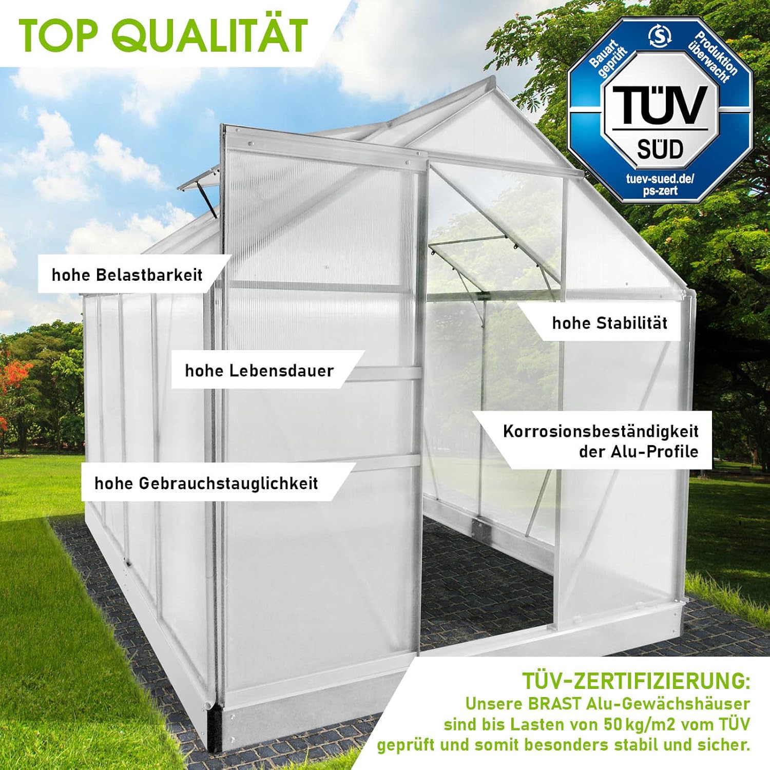 BRAST Aluminium Greenhouse with Base 190 x 190 x 195 cm, TÜV Tested, 6 mm Hollow Chamber Panels, Rustproof/Weatherproof/Temperature-Resistant