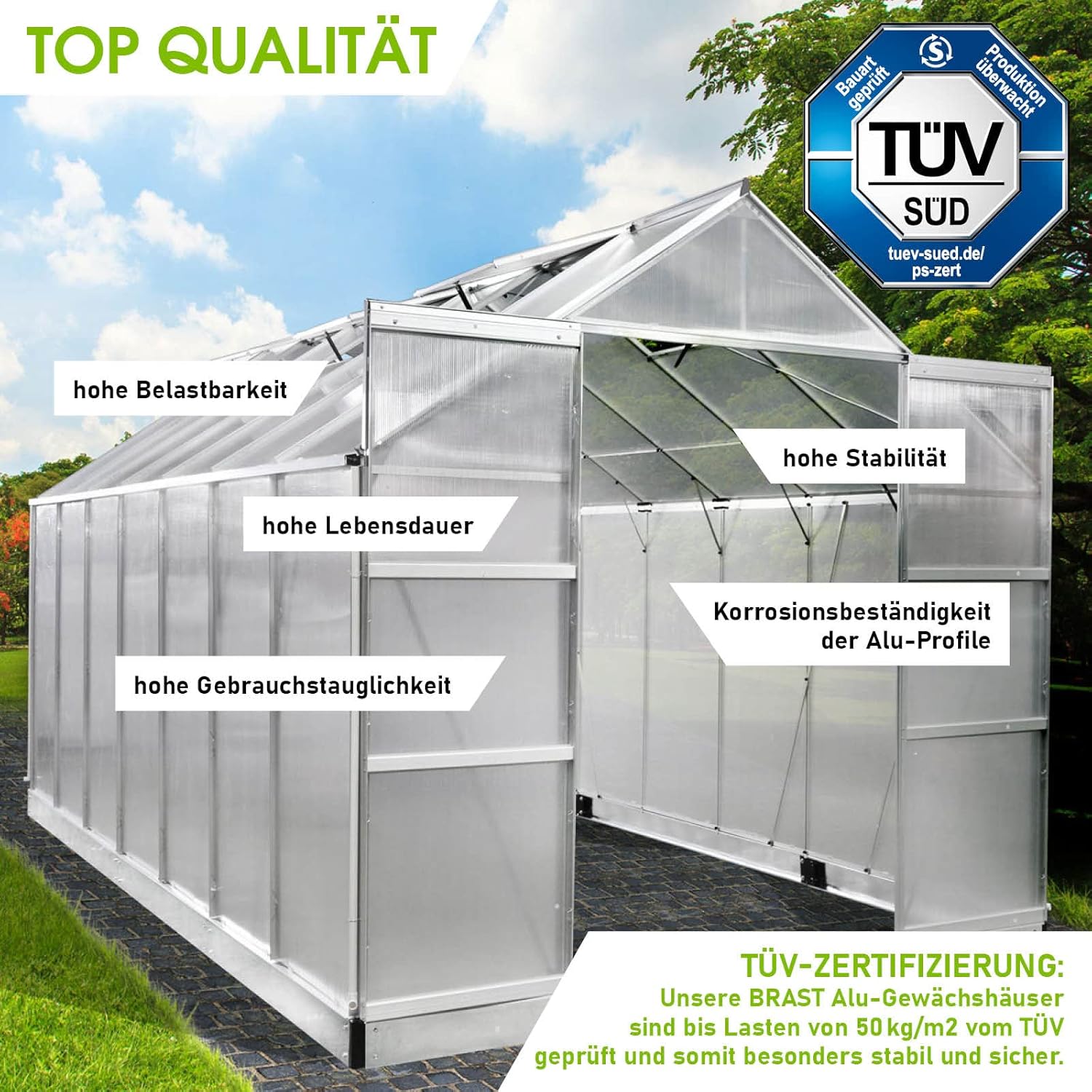 BRAST Aluminium Greenhouse with Base 430 x 250 x 235 cm, TÜV Tested, 6 mm Hollow Chamber Panels, Rustproof/Weatherproof/Temperature-Resistant